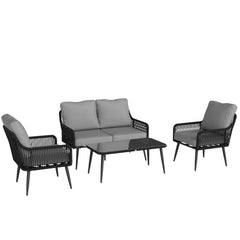 Outsunny Rattan Garden Furniture Set, 4 Piece Outdoor Patio Furniture with Tempered Glass Table and Chairs, Indoor Balcony Conservatory Set
