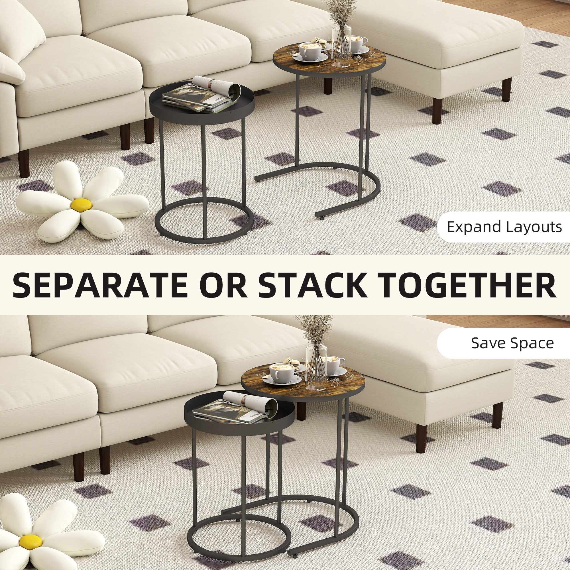 HOMCOM Set of Two Industrial Nesting Tables - Brown/Black