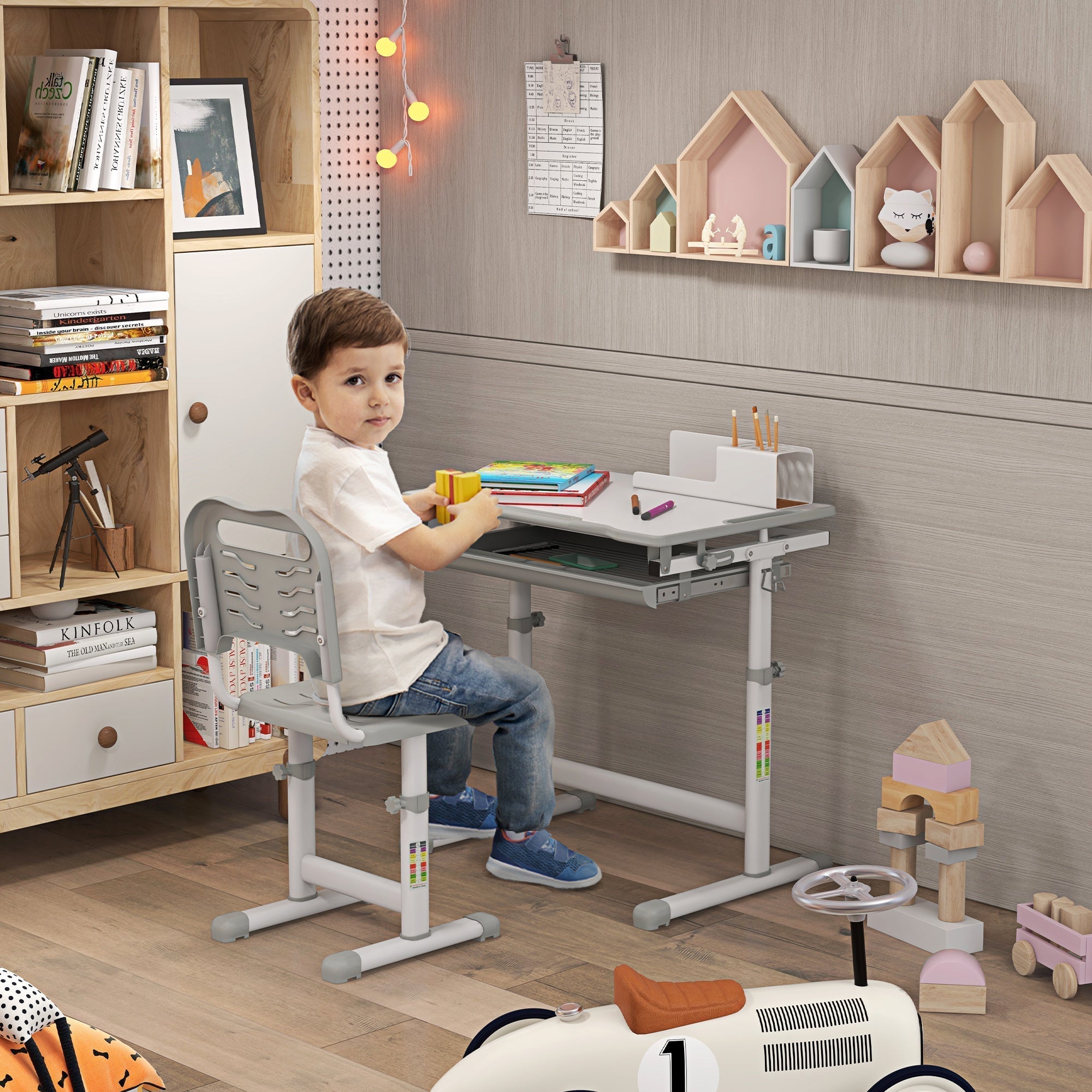 HOMCOM Kids Desk and Chair Set, Student Adjustable Writing Desk, with Drawer, Pen Slot, Hook - Grey