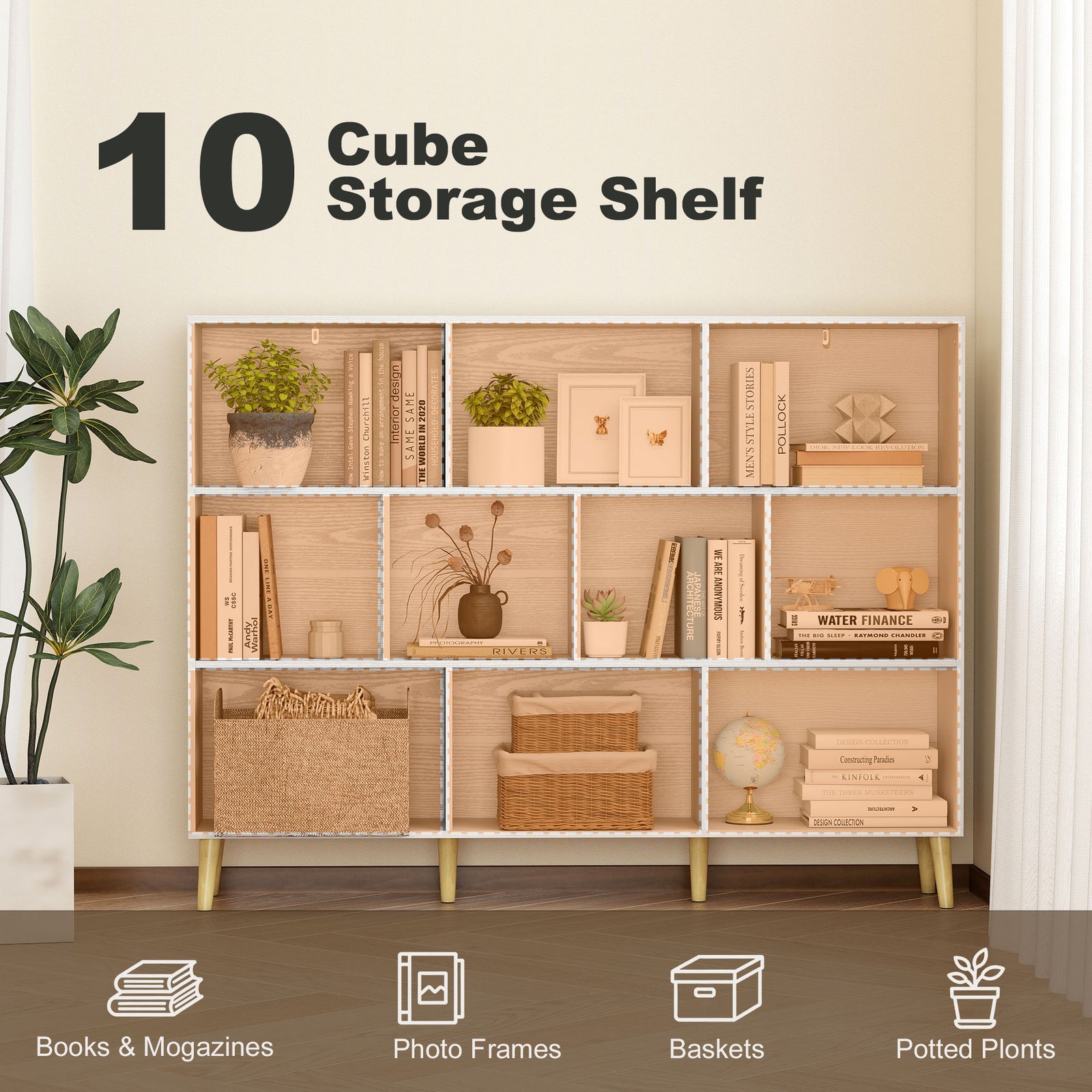 HOMCOM 10-Cube Bookcase, 3-Tier Book Shelf with Solid Wood Legs, 140 cm Modern Bookshelf with Anti-Tip Kit for Bedroom, White