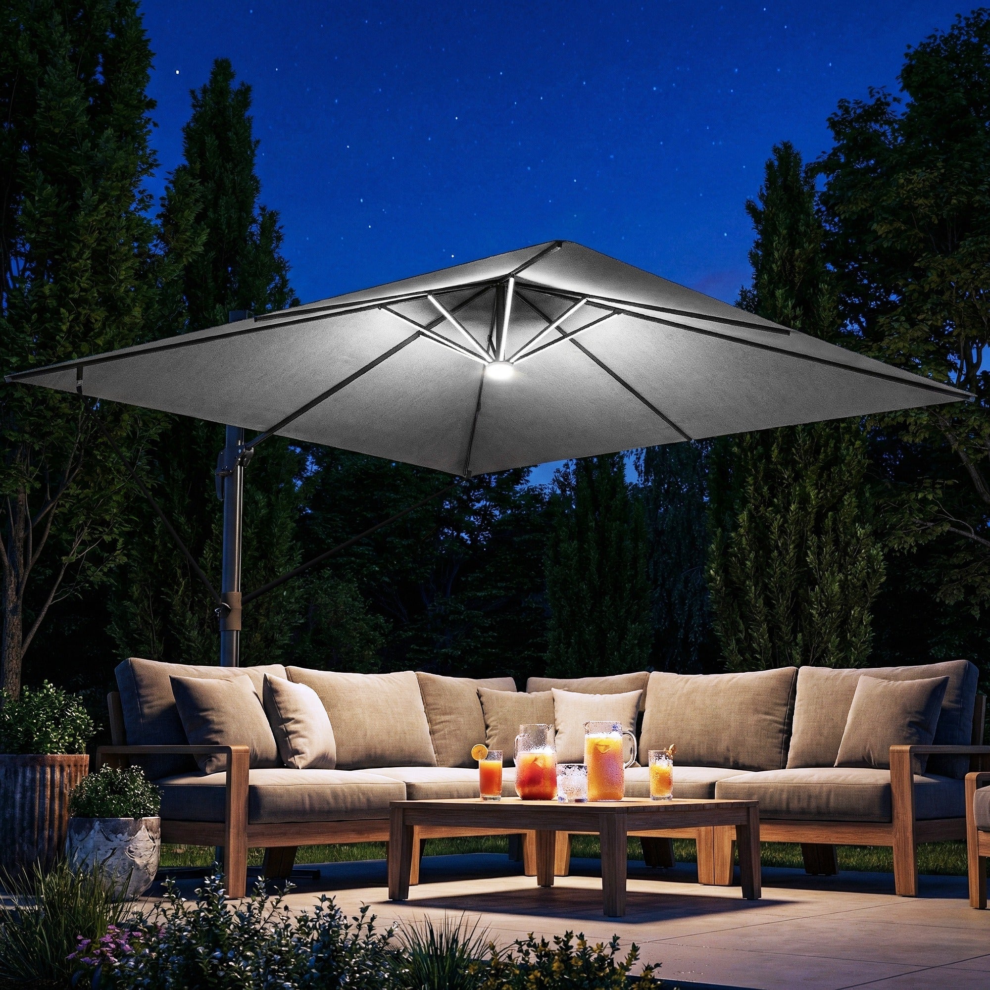 Outsunny 3 x 3 m Garden Cantilever Parasol with Light, Cover, Overhanging Umbrella w/ Wind Protection, 360Â° Rotation, Light Grey