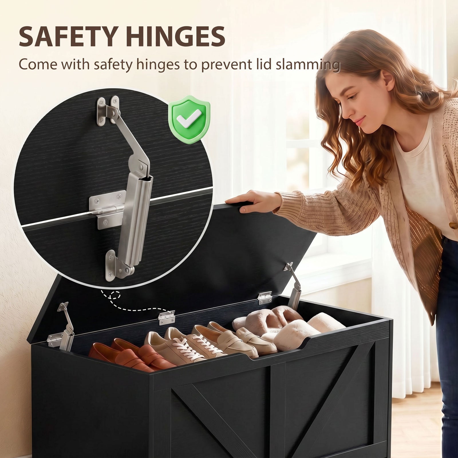 HOMCOM 127L Home Storage Box, with Safety Hinges - Black Wood-Effect