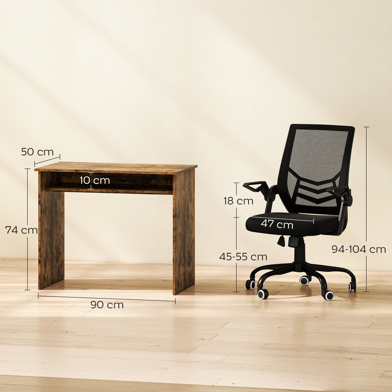 HOMCOM Modern Home Office Furniture Set, Computer Desk with Storage Shelf and Ergonomic Mesh Chair with Flip-Up Armrests, Lumbar Support, Adjustable Height, Rustic Brown and Black