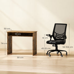 HOMCOM Modern Home Office Furniture Set, Computer Desk with Storage Shelf and Ergonomic Mesh Chair with Flip-Up Armrests, Lumbar Support, Adjustable Height, Rustic Brown and Black