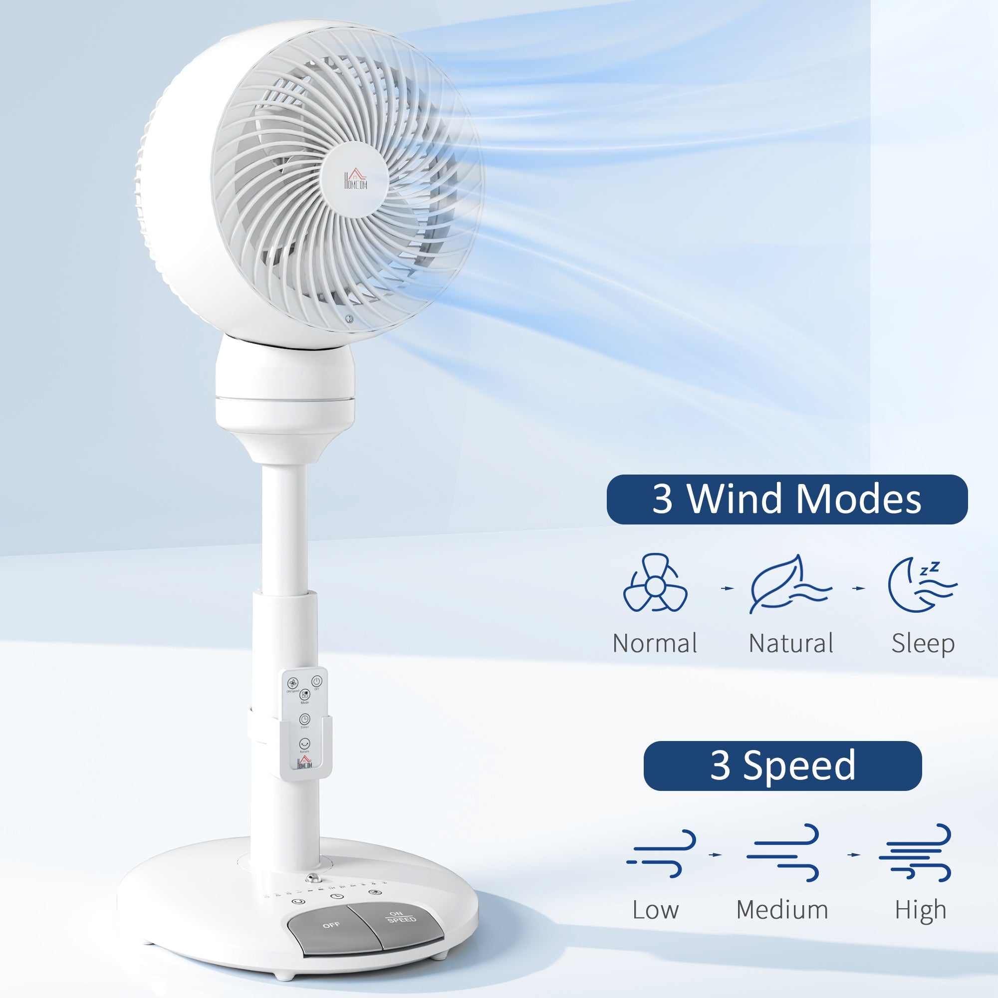 HOMCOM 9'' Air Circulator Fan 3 Speed 3 Mode, 70Â° Oscillation 90Â° Vertical Tilt, Remote Controller, for Living Room, Bedroom, Office, White