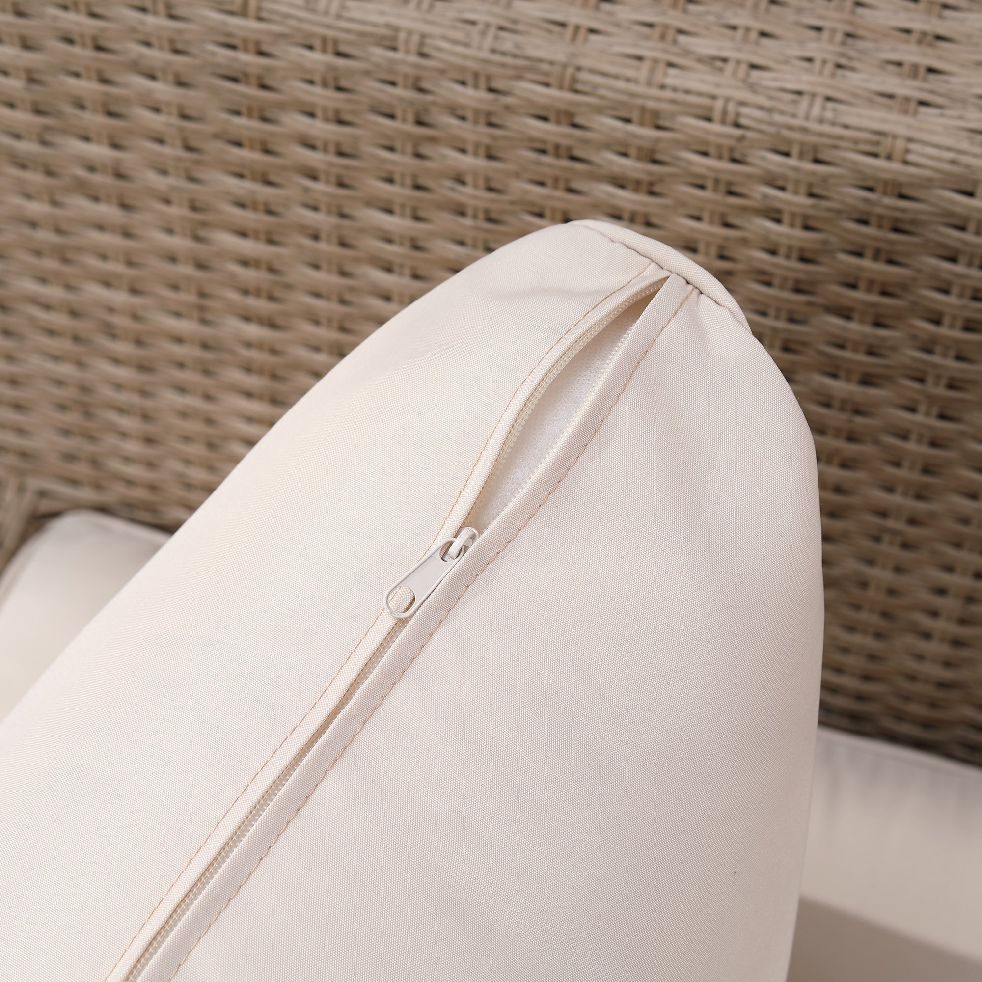 Outsunny 4 Pieces Rattan Garden Furniture Set, Garden Corner Sofa with Side Trays, Wicker Conservatory Furniture Set with Loveseats, Slatted Plastic Top Coffee Table and Cushions, Beige