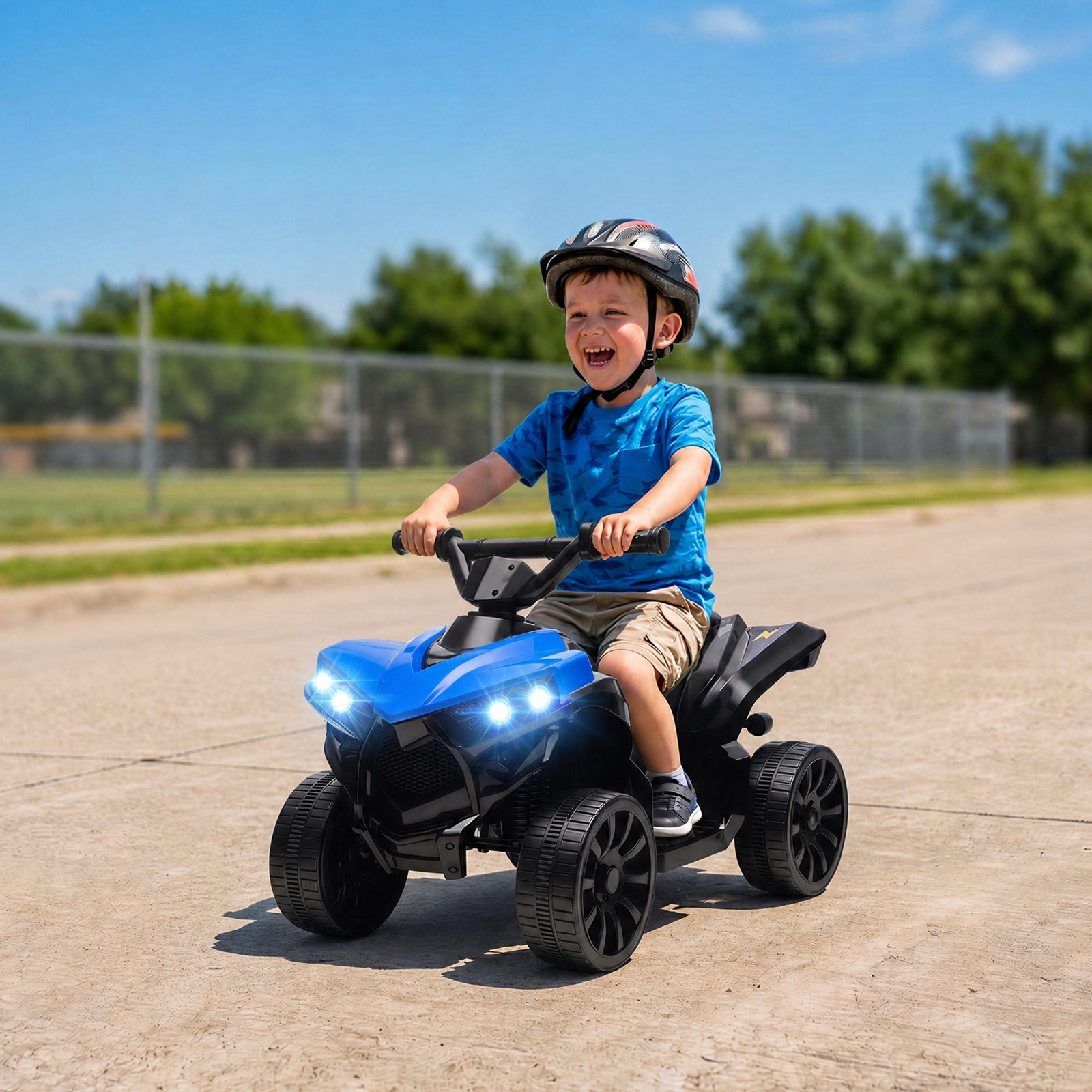 AIYAPLAY 6V Kids ATV, 4 Wheeler Electric Ride on Car with Music and LED Headlights, for Ages 18-56 Months Boys and Girls, Blue