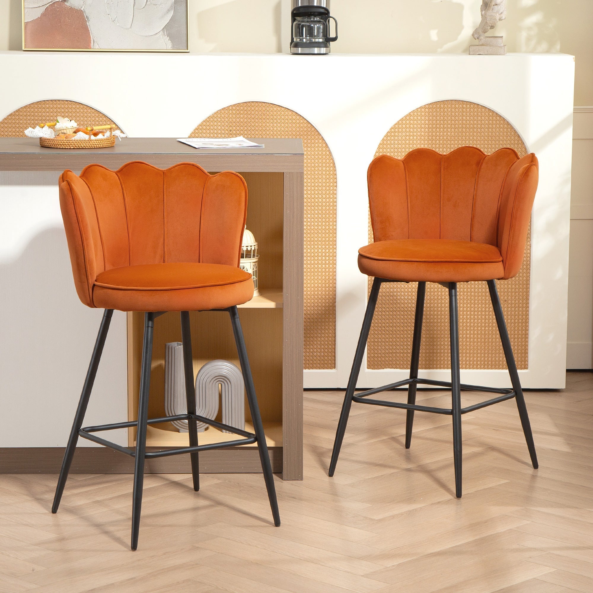 HOMCOM Set of Two Velvet-Feel Lotus Bar Stools - Orange
