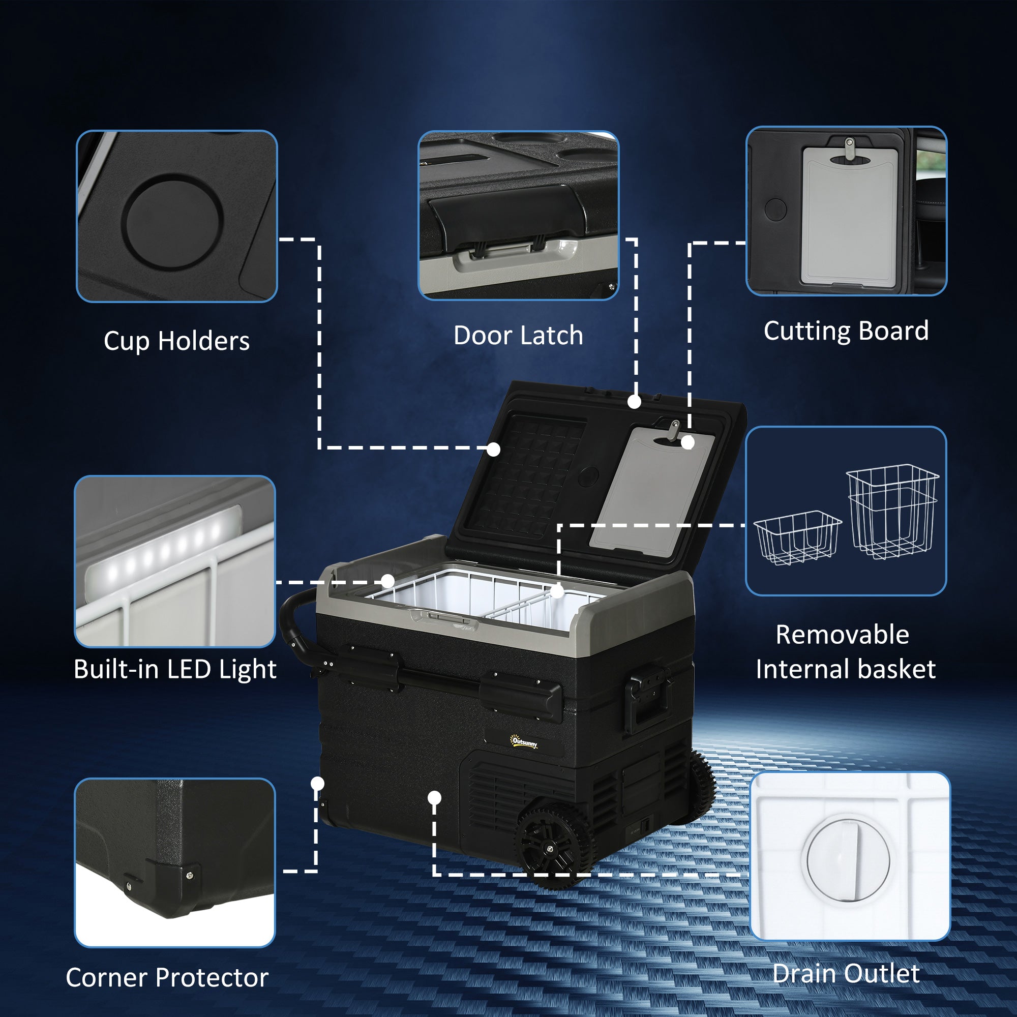 Outsunny 50L Car Refrigerator, Portable Compressor Cooler Box, Fridge Freezer w/ Inner LED Light, Foldable Handles, Cup Holders, 12/24V DC and 110-240V AC for Campervan RV Boat Travel Down to -20√¢‚Äû∆í