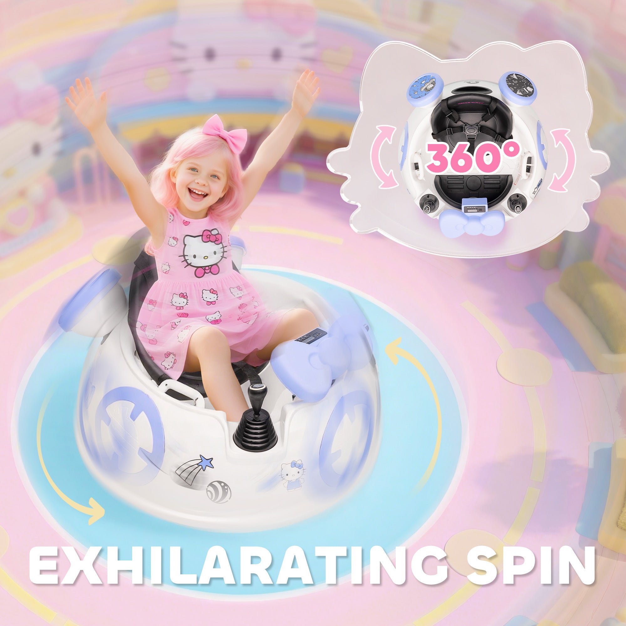 AIYAPLAY Hello Kitty Kids Ride on Bumper Car with Remote Control, Two Joysticks, Music, Lights, Safety Belt, White