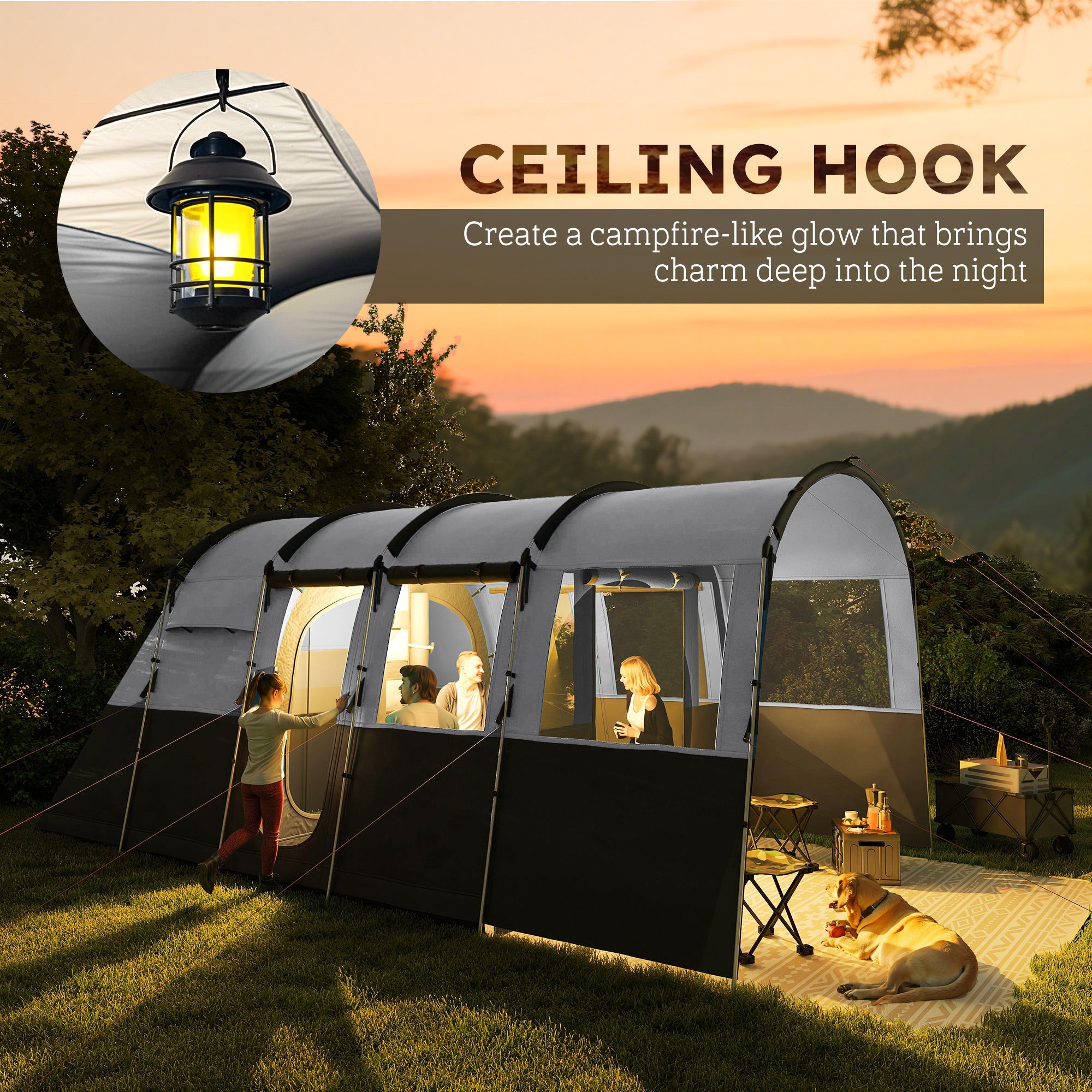 Outsunny 8-Person Camping Tent, Waterproof Family Tent, Tunnel Design, 4 Large Windows, Sleeping Cabins 3000mm Water Column Grey