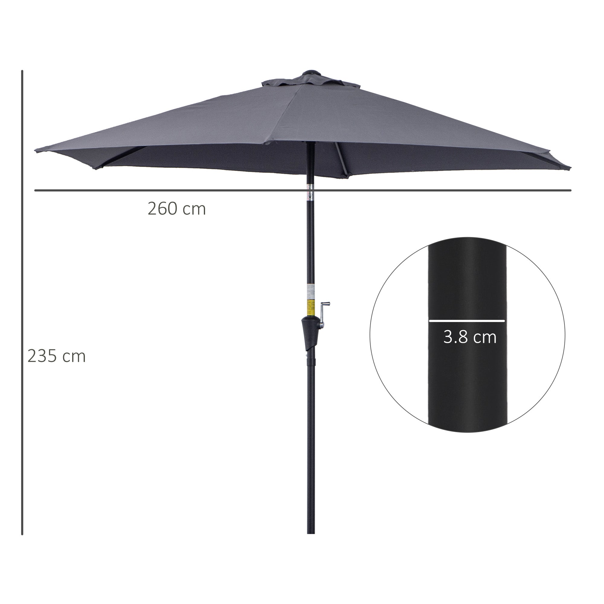 Outsunny 2.6M Garden Parasol Umbrella with Tilt and Crank, Outdoor Sun Parasol Sunshade Shelter with Aluminium Frame, Grey