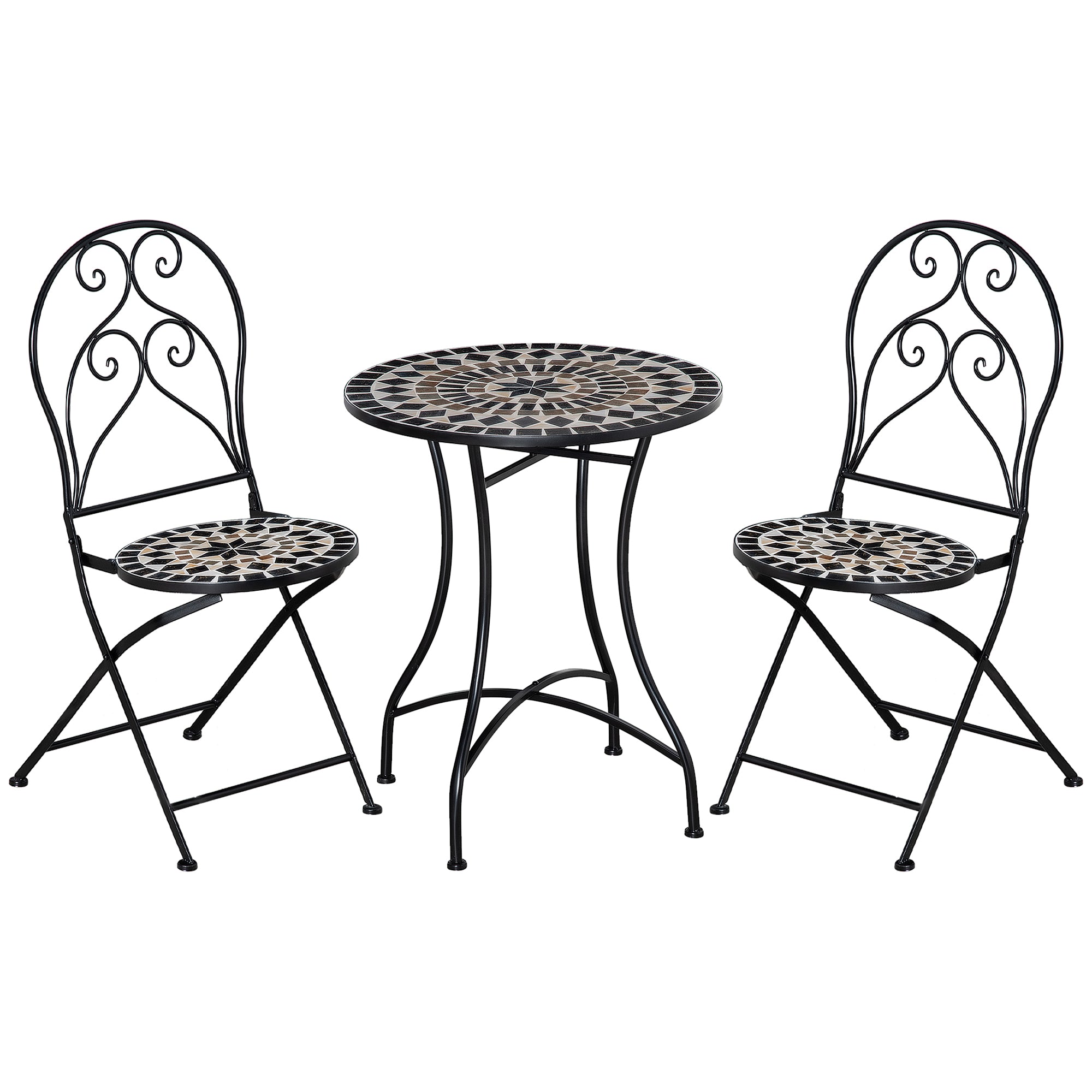 Outsunny 3 Pieces Garden Bistro Set with Coffee Table and 2 Folding Single Chairs, Mosaic Garden Table Top and Seats, Metal Frame, for Patio Balcony, Black
