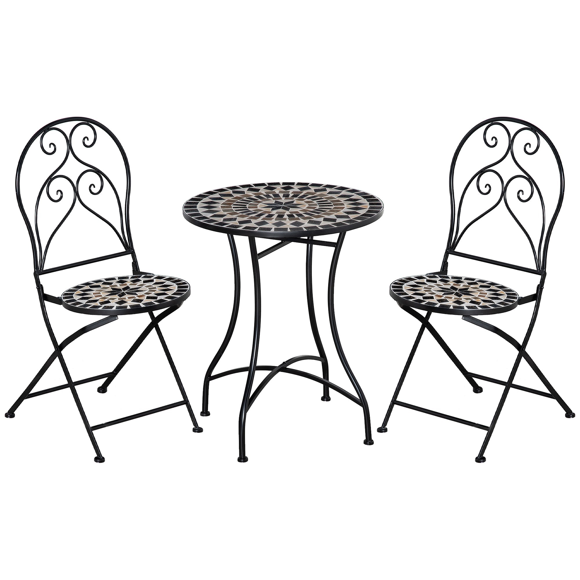 Outsunny 3 Pieces Garden Bistro Set with Coffee Table and 2 Folding Single Chairs, Mosaic Garden Table Top and Seats, Metal Frame, for Patio Balcony, Black