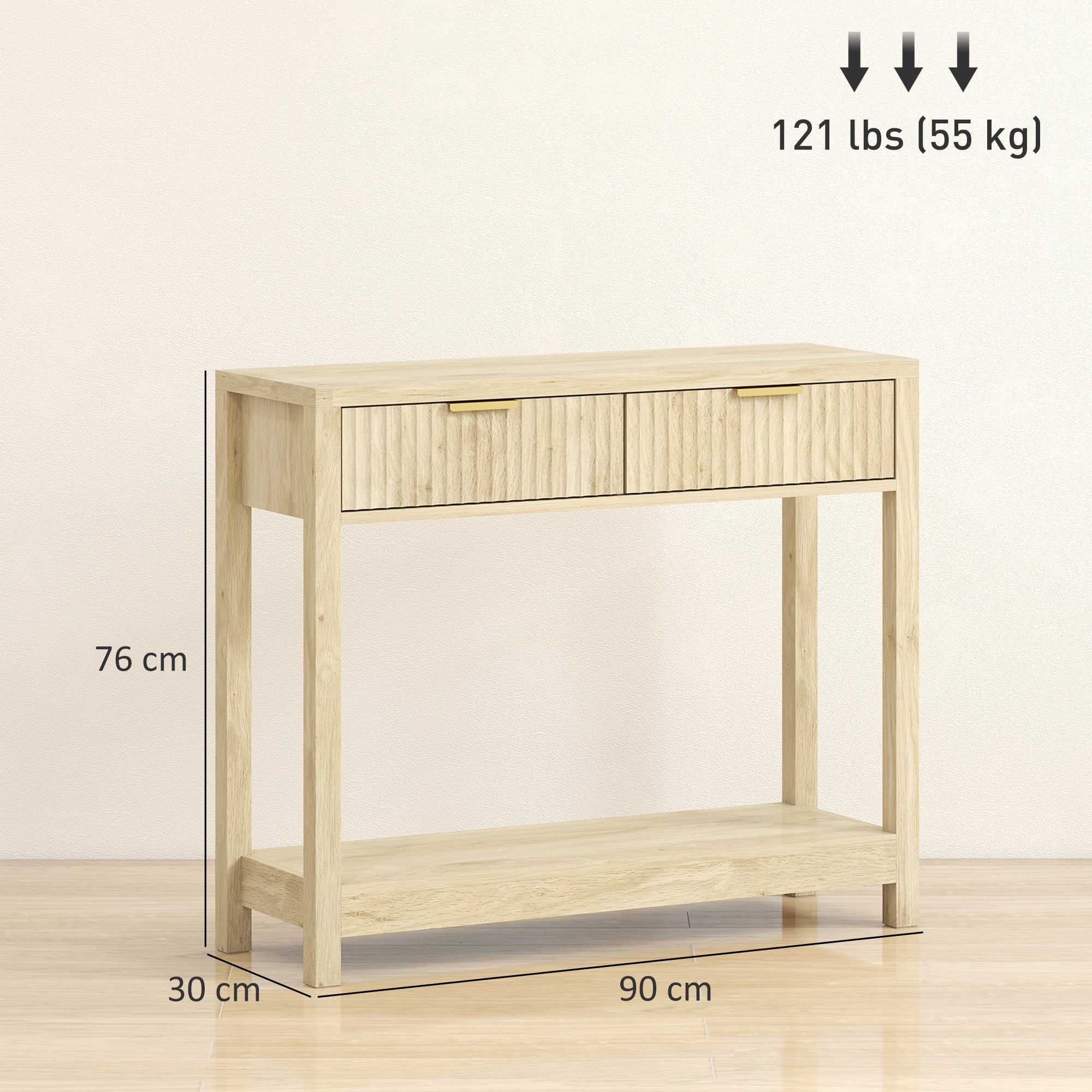 HOMCOM Modern Console Table with Fluted Panel Drawers, Narrow Hallway Table with Shelf for Entryway, Living Room, 90 x 30 x 76 cm, Natural Wood Finish