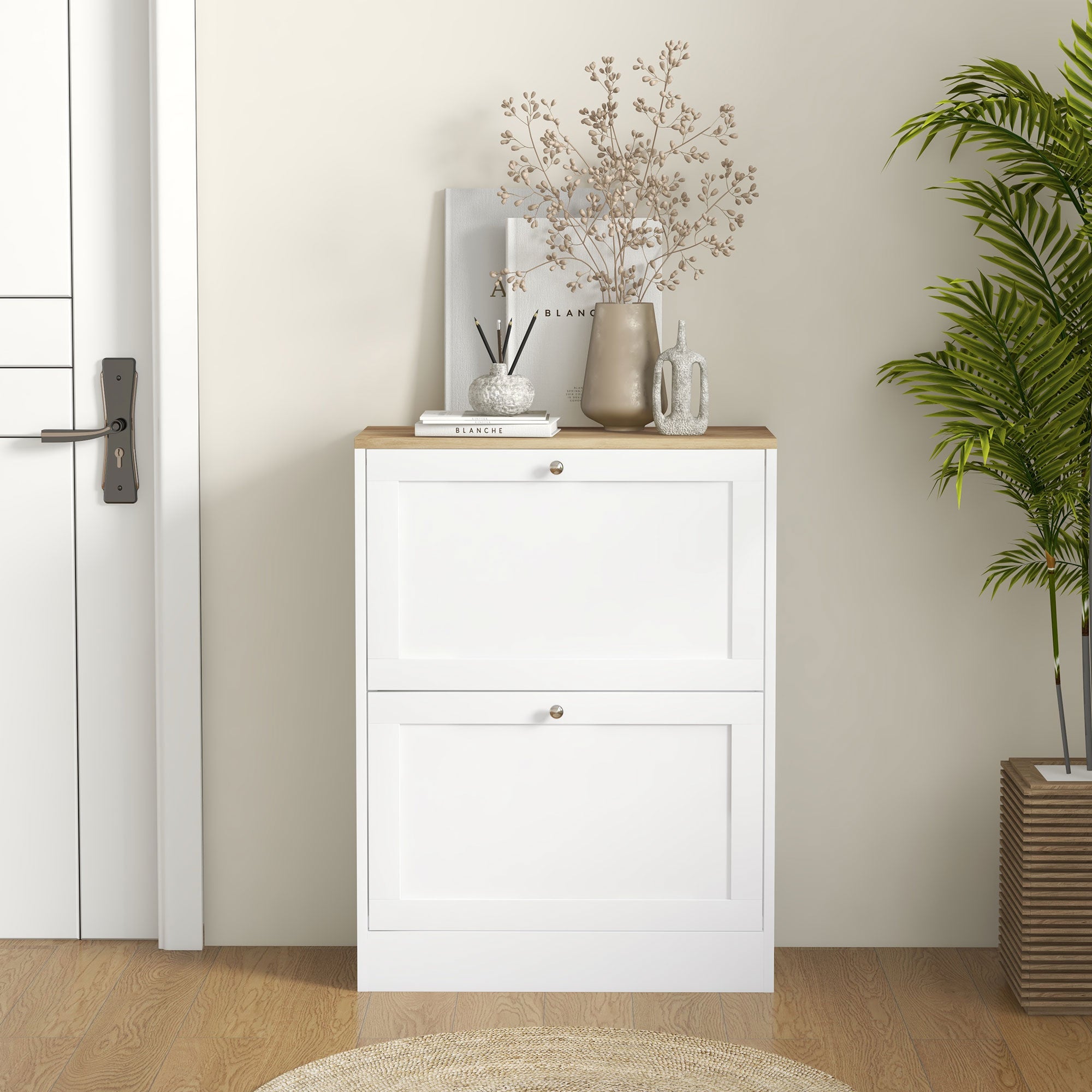 HOMCOM Two Flip Drawer Shoe Cabinet - White