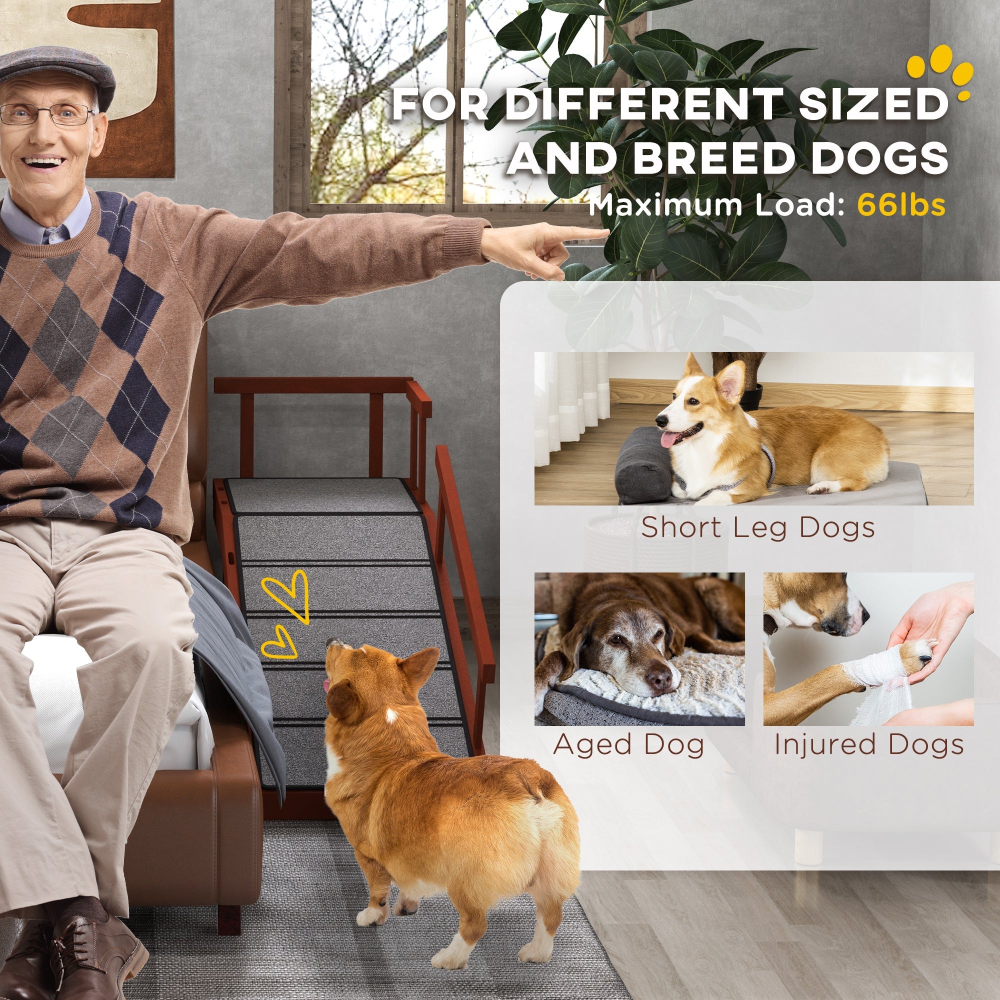 PawHut Wooden Dog Ramp with Removable Guardrails, Non-Slip Surface, 125 cm Long, Brown