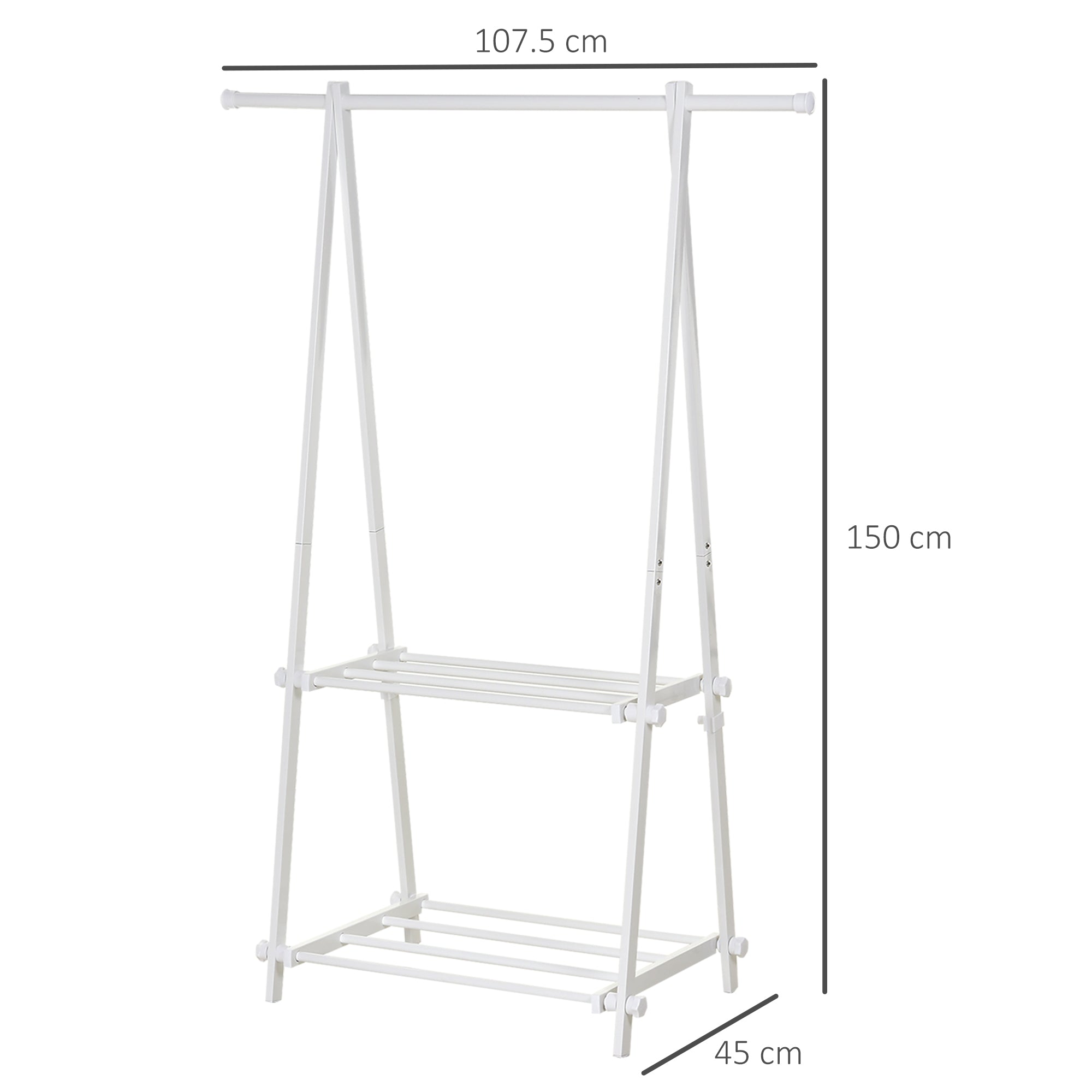 HOMCOM Minimalist Foldable Adjustable Clothes Rack Hanger w/ 2 shelves 107.5L x 45W x 150H cm Hallway Entryway Furniture - White