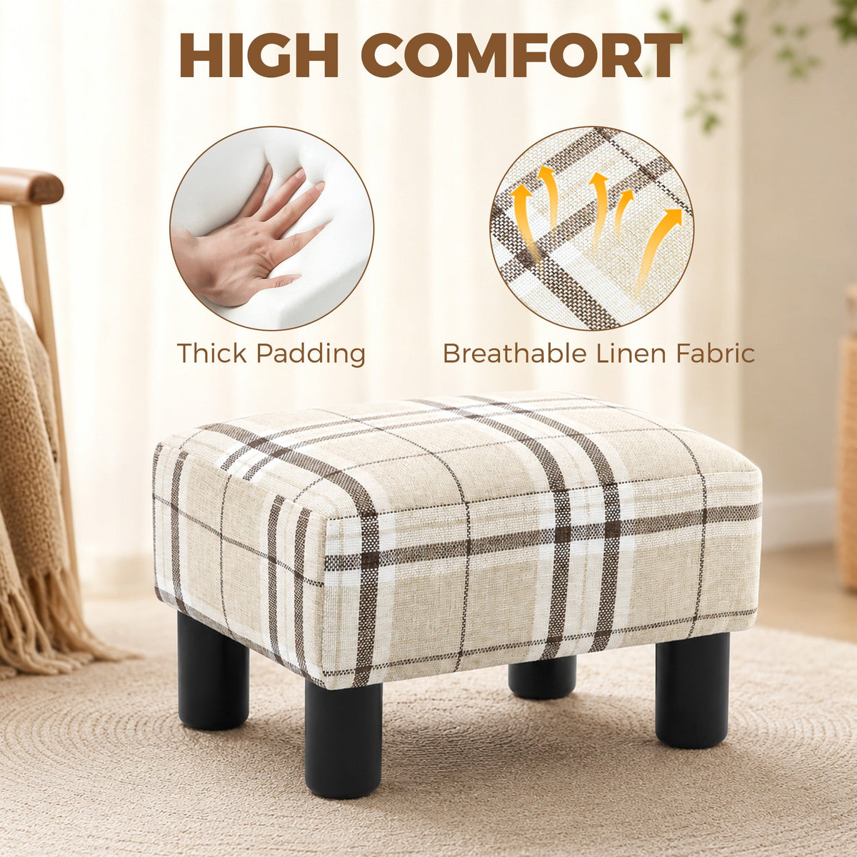 HOMCOM Linen Fabric Footstool Ottoman Cube with 4 Plastic Legs, Multi-colored