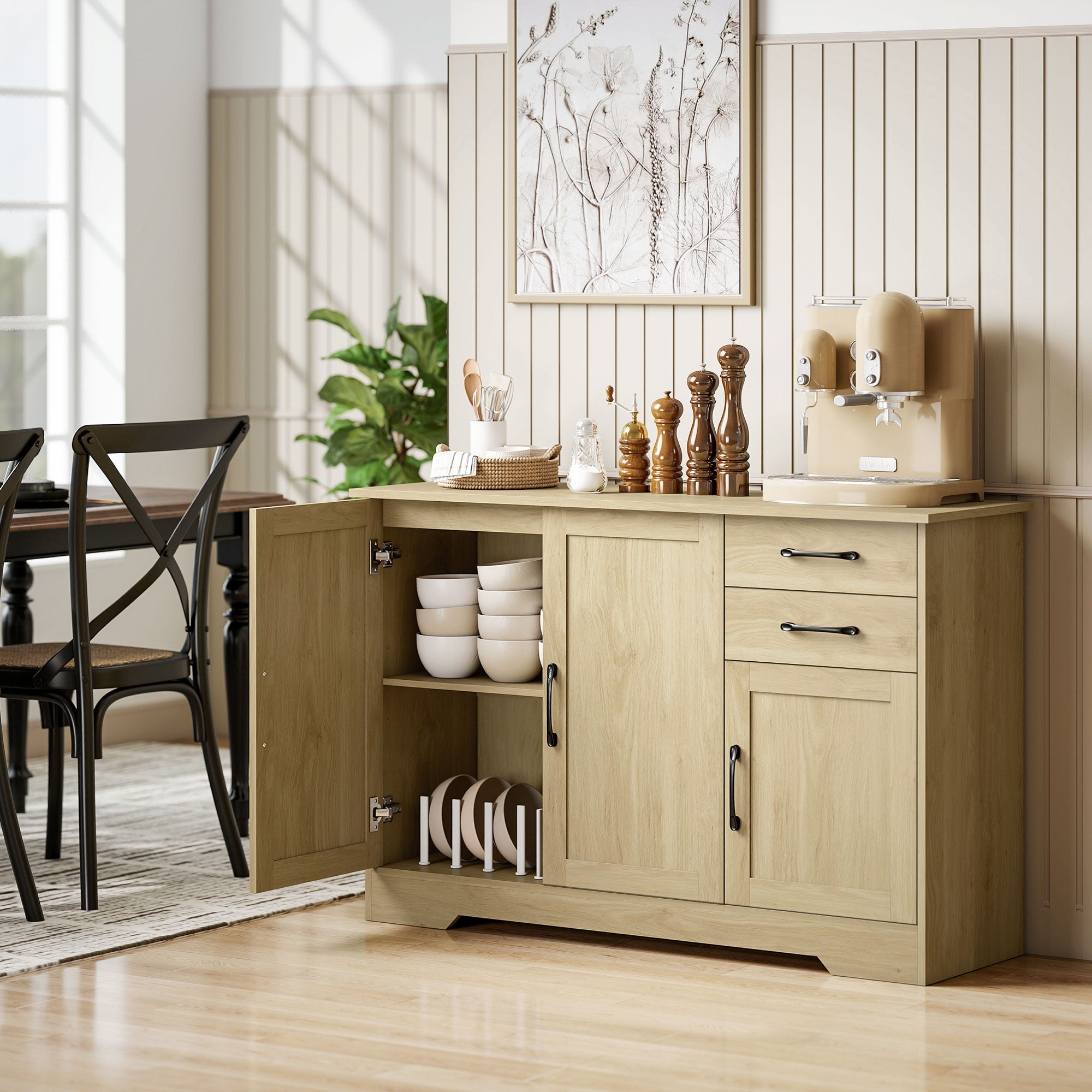 HOMCOM Sideboard with 2 Drawers Modern Storage Cabinet, Kitchen Cupboard with Adjustable Shelf and 3 Doors Natural