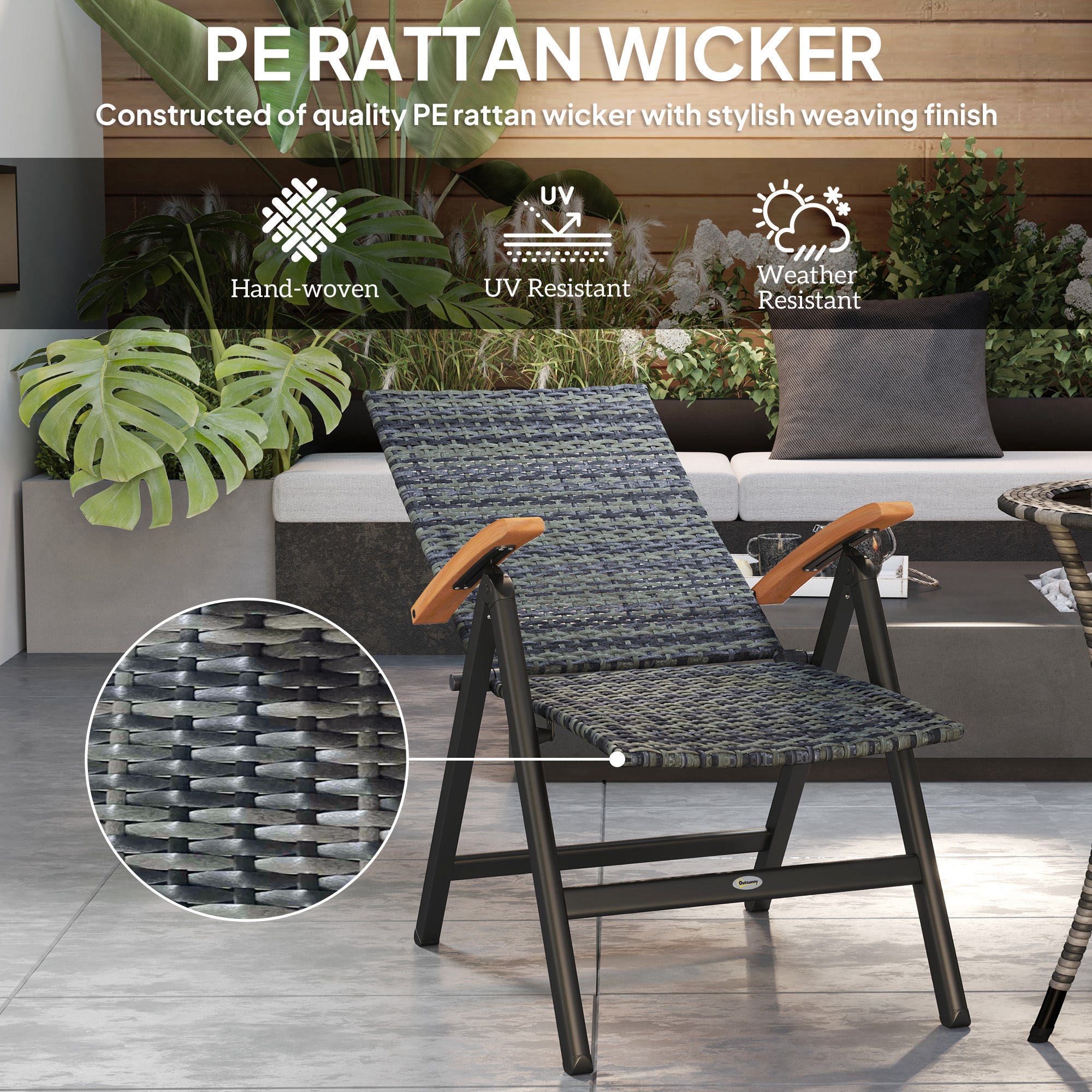 Outsunny 2 Pieces Folding Rattan Garden Dining Chairs with 5-level Reclining High Back, Wood Armrests for Outdoor - Mixed-grey