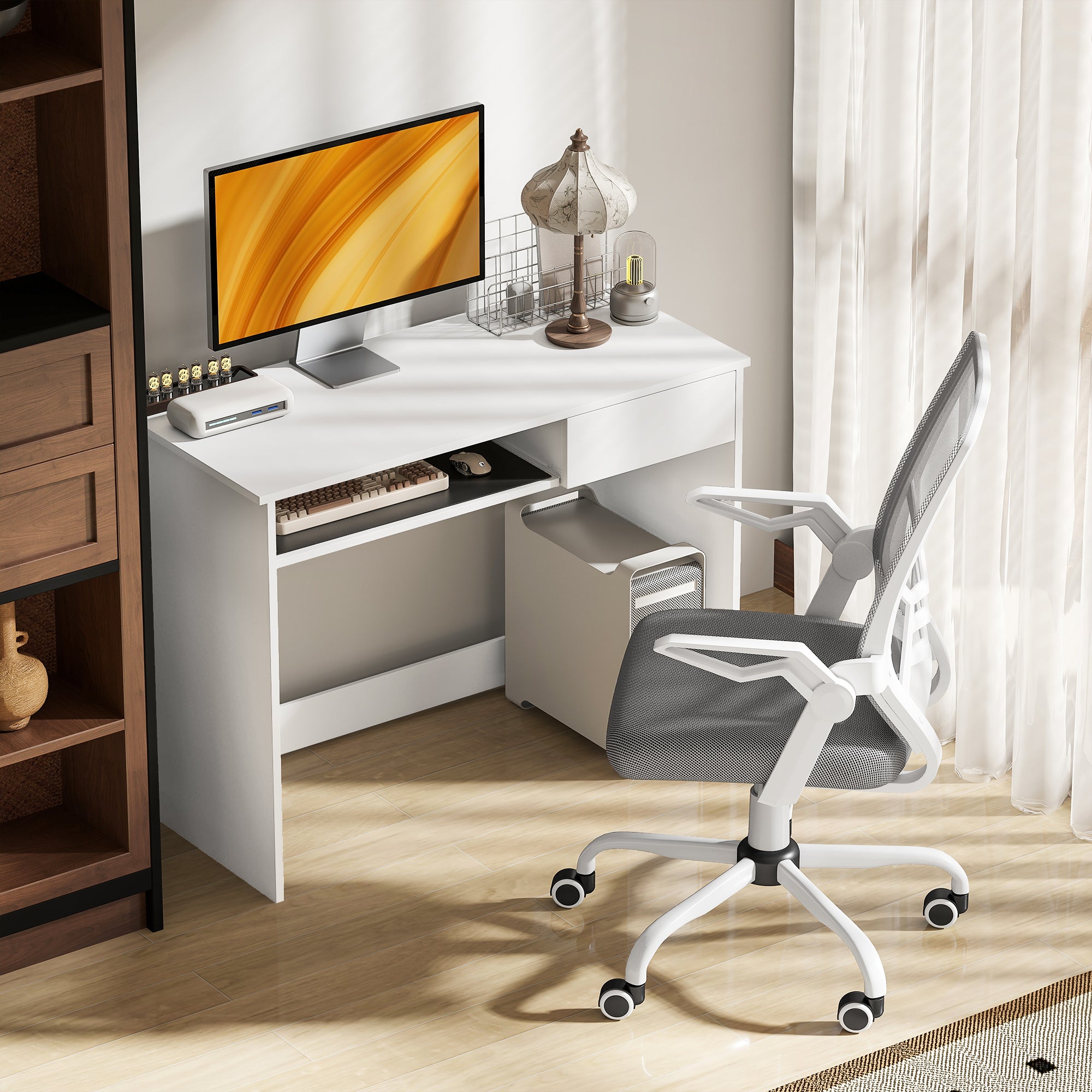 Vinsetto Home Office Chair and Computer Desk Set, Mesh Chair with with 90√Ç¬∞ Flip-up Armrest, Study Desk with Keyboard Tray and Drawer, White and Grey