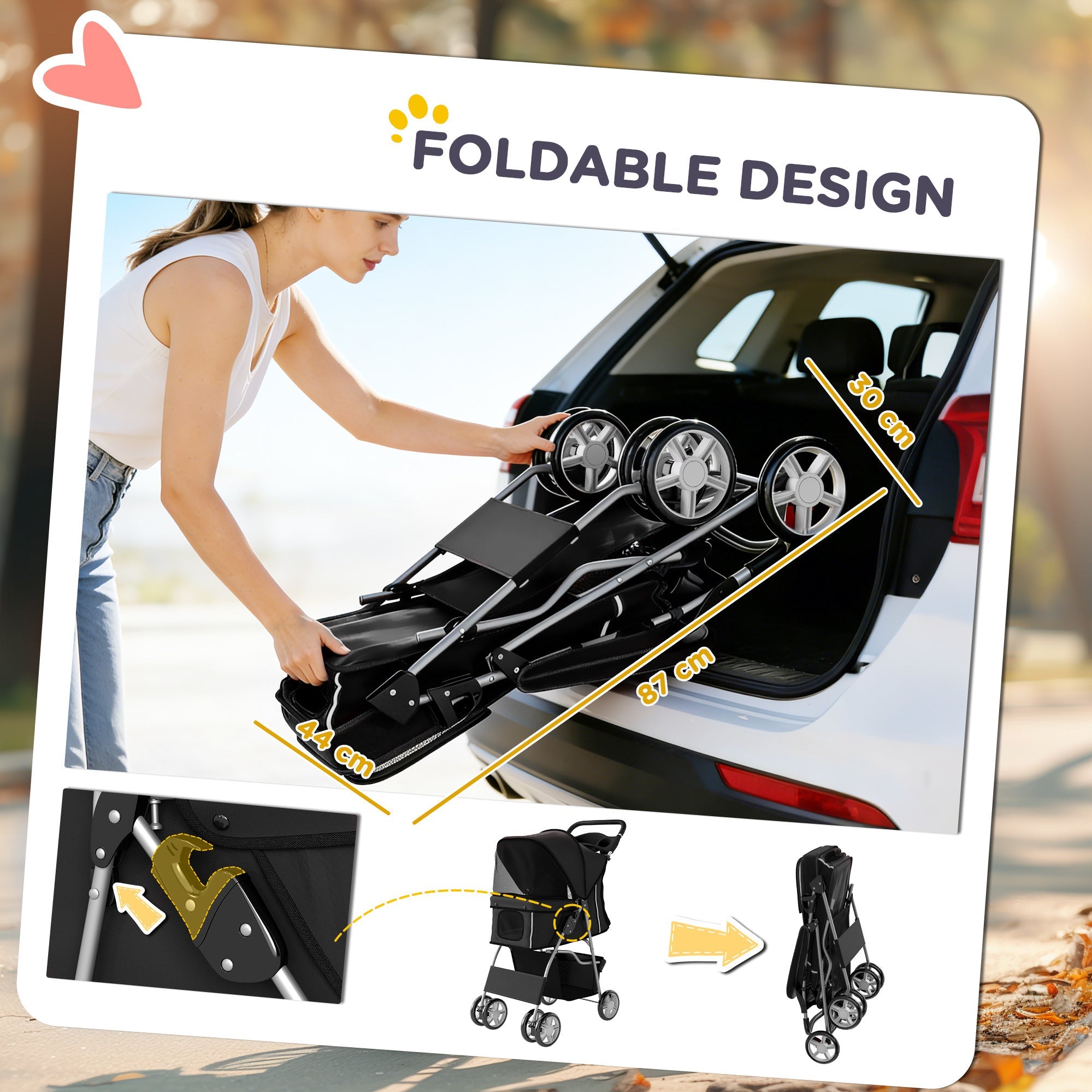 PawHut Dog Pram, Pet Stroller with Reflective Strips, Foldable Cat Stroller with 360Â° Swivel Wheels, Black