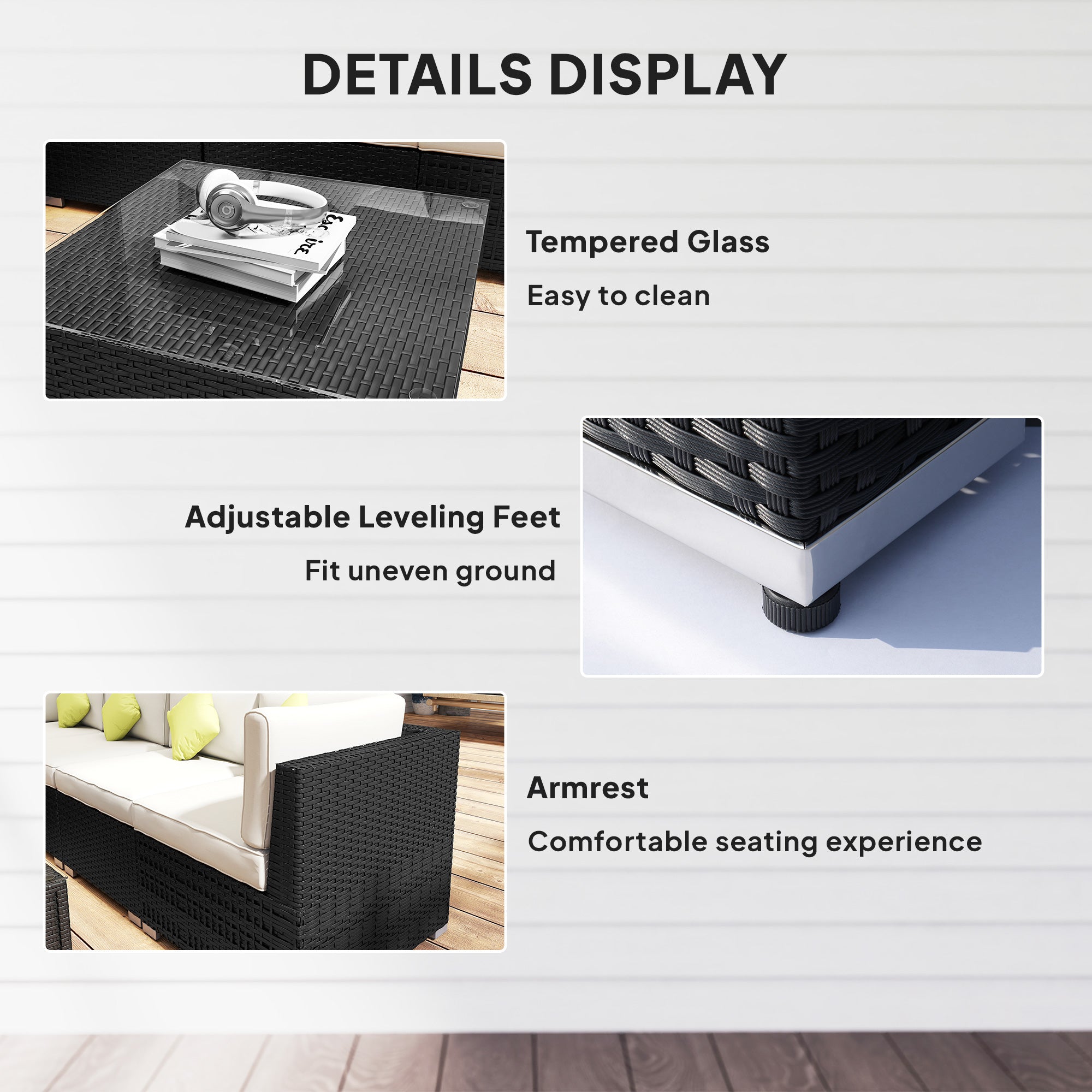 Outsunny 8 Piece Rattan Corner Sofa Set with Wide & Deep Seat, Assembled Aluminium PE Rattan Garden Furniture Set with Thick Cushions and Glass Top Table for Outdoor, Conservatory, Black