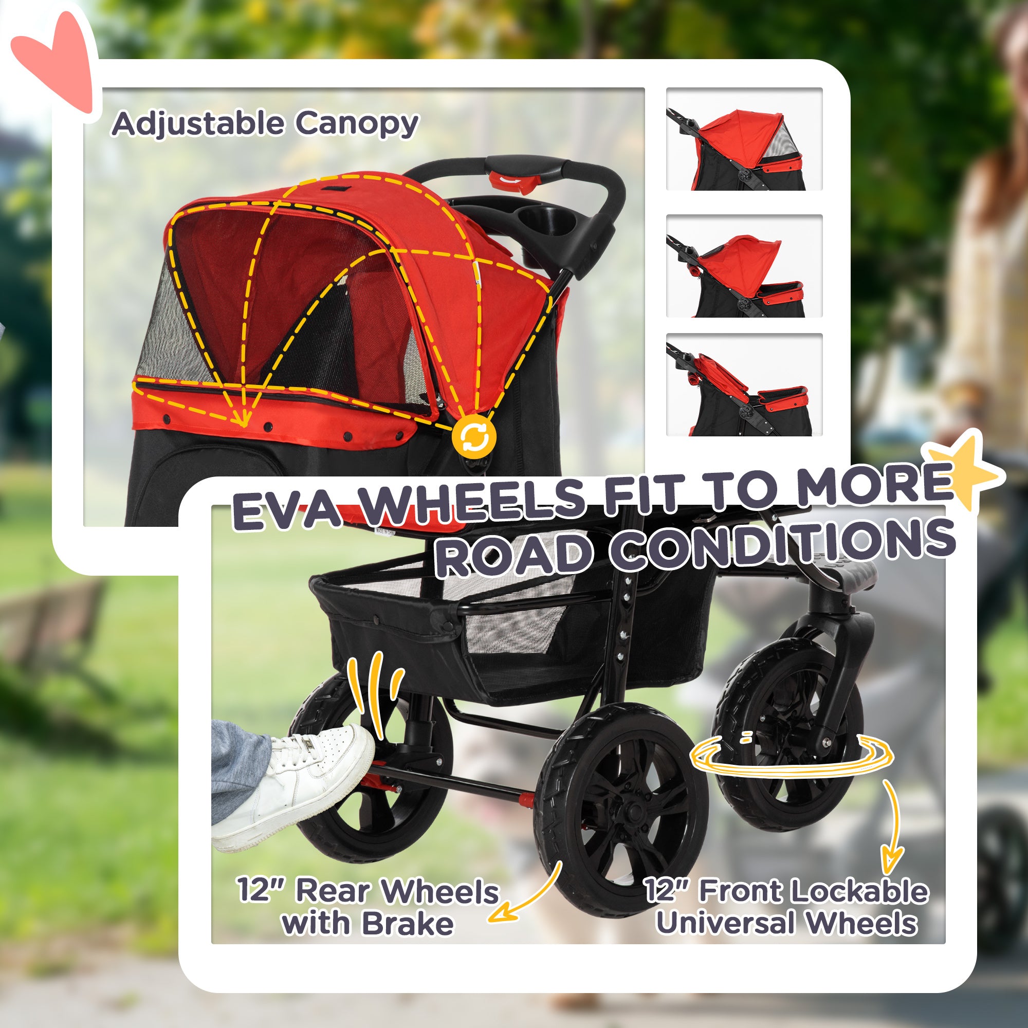 PawHut Dog Stroller Foldable Pet Pram, 3 Wheels Dog Pushchair with Brake, for Small Miniature Breeds, Cats, Red