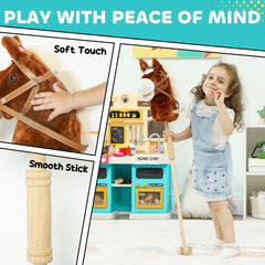 AIYAPLAY Stick Horse with Wood Wheels, Real Pony Neighing and Galloping Sounds, Grip Handle, 95 cm, Brown