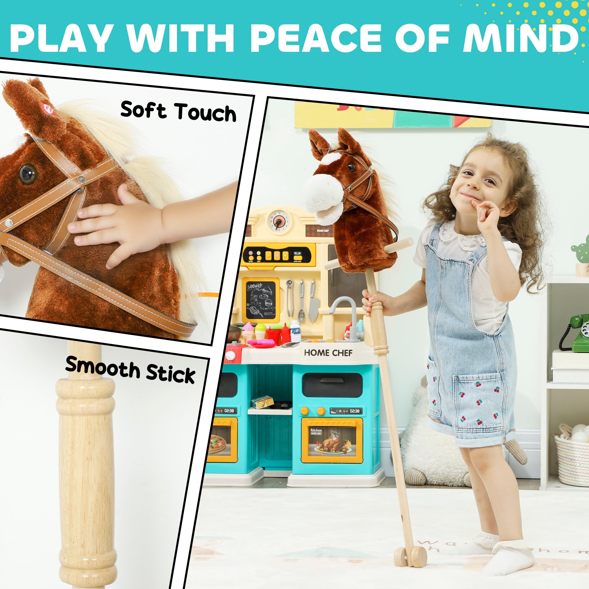 AIYAPLAY Stick Horse with Wood Wheels, Real Pony Neighing and Galloping Sounds, Grip Handle, 95 cm, Brown