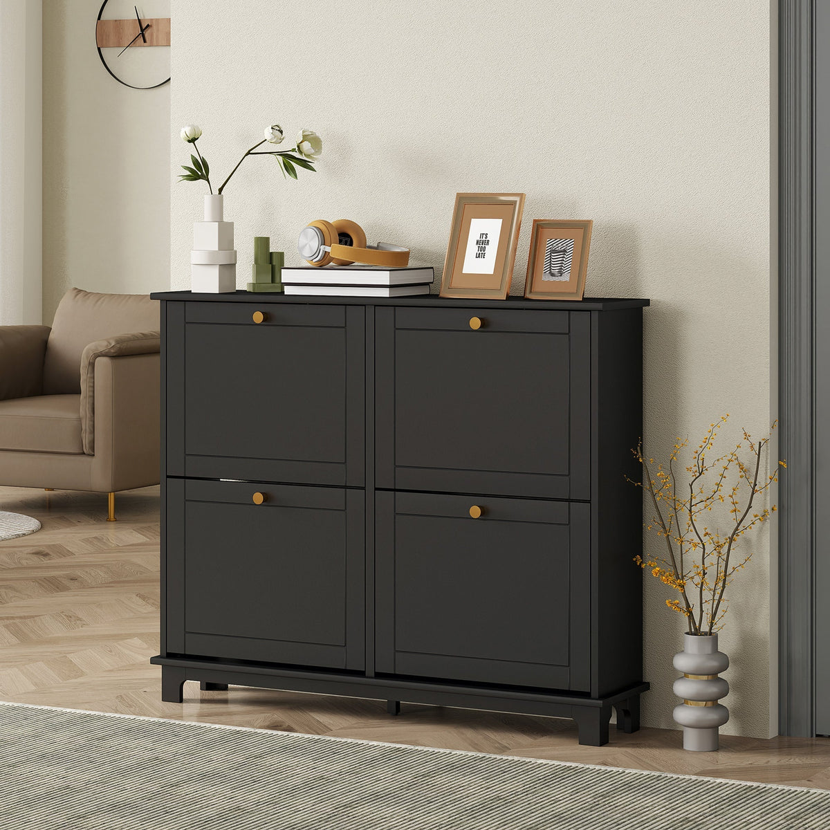 HOMCOM Narrow Shoe Storage Cabinet, Slim Shoe Cabinet with 4 Flip Drawers, Adjustable Shelves for 16 Pairs of Shoes, Black