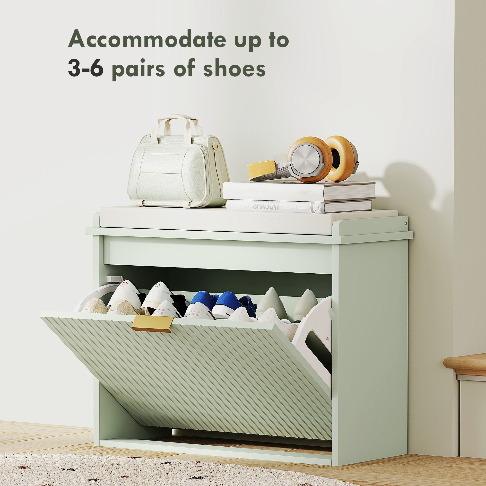 HOMCOM Elegant Six Shoe Bench, with Top Seat - Green