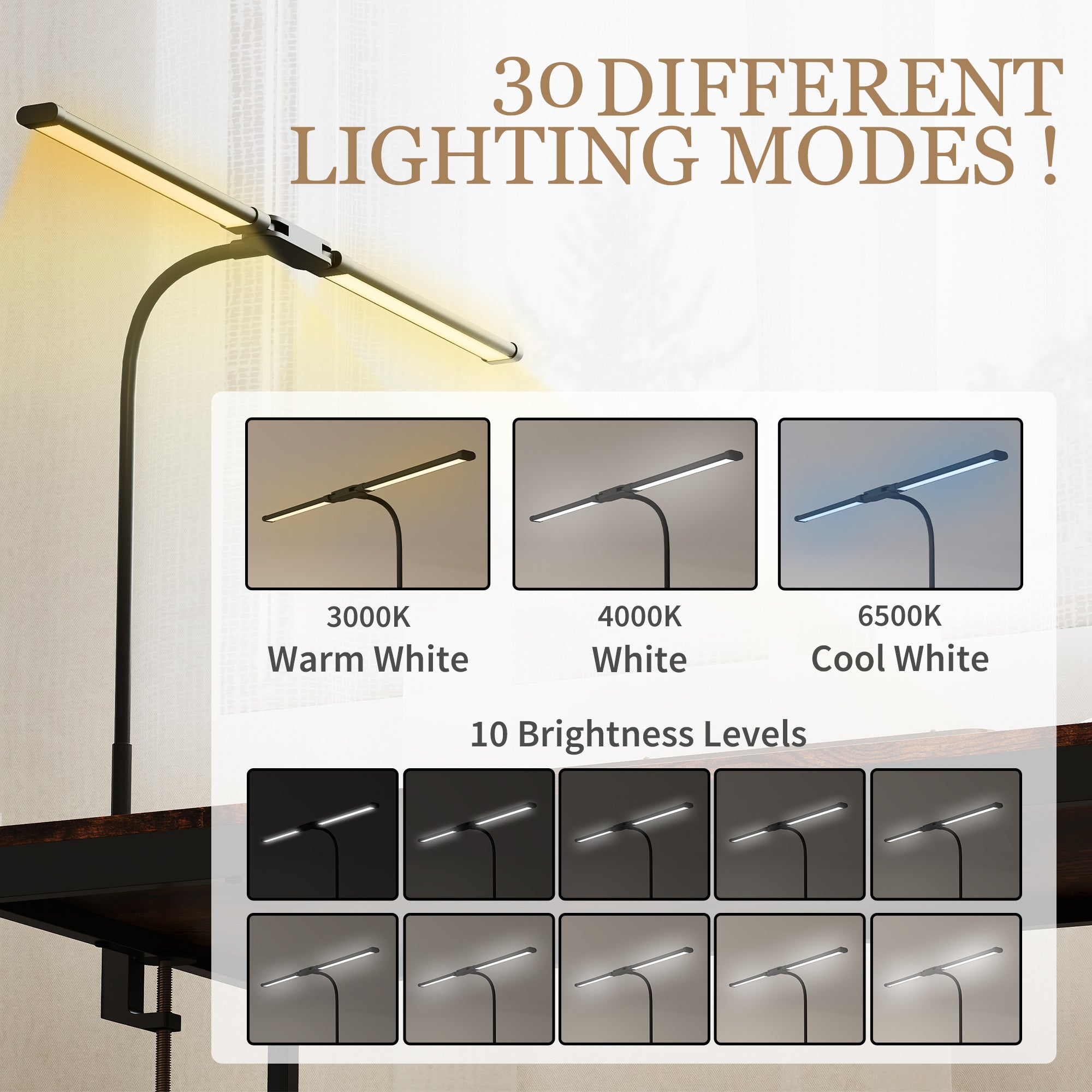 HOMCOM LED Desk Lamp with Clamp, Double Head Table Lamp with 3 Colour Modes & 10 Brightness Levels, Flexible Gooseneck Reading Desk Light with Timer and Memory Function for Study, Office, Work, Black