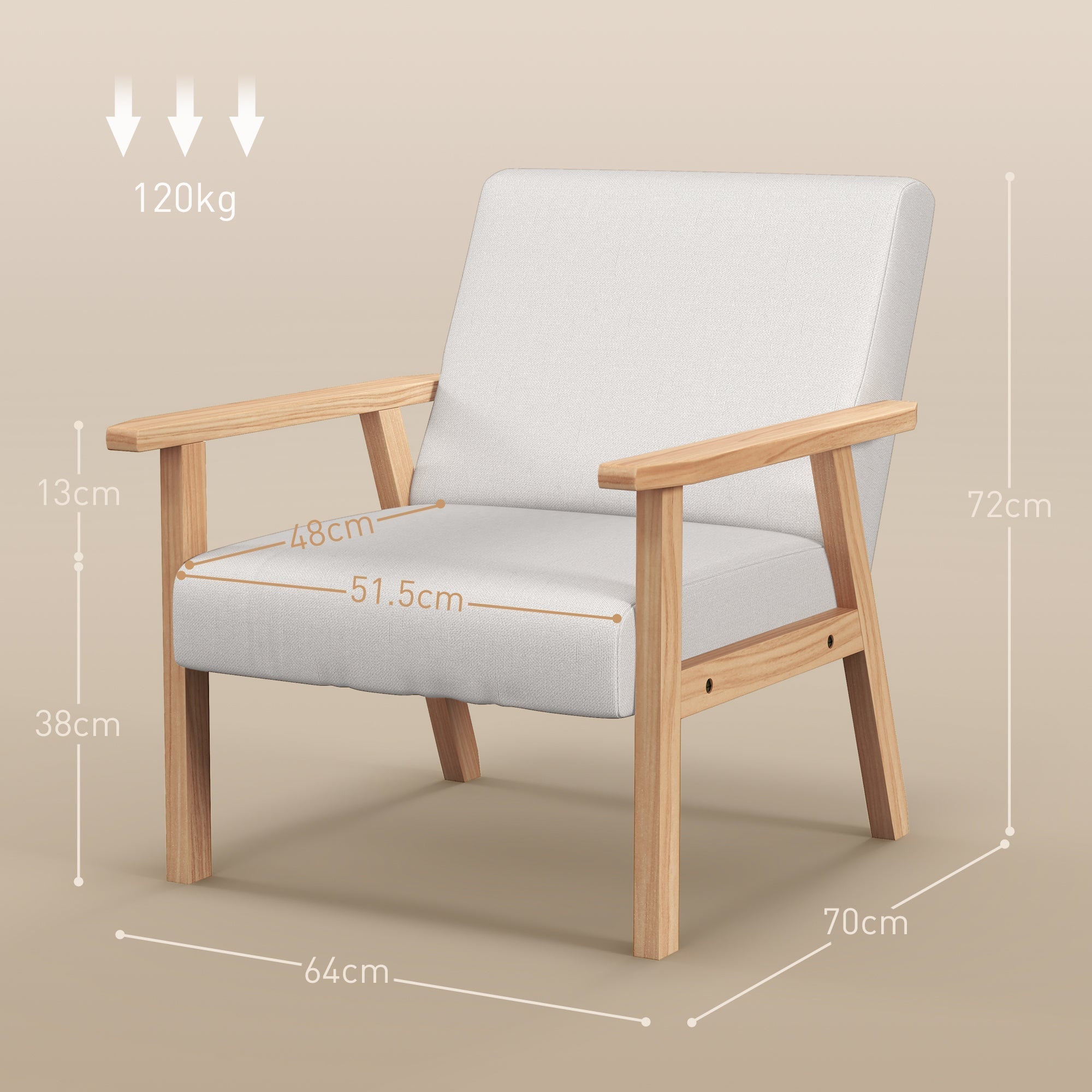 HOMCOM Modern Armchair, Linen Upholstered Sofa with Solid Wood Legs and Wide Seat, Accent Chair for Living Room Bedroom Office, Cream White
