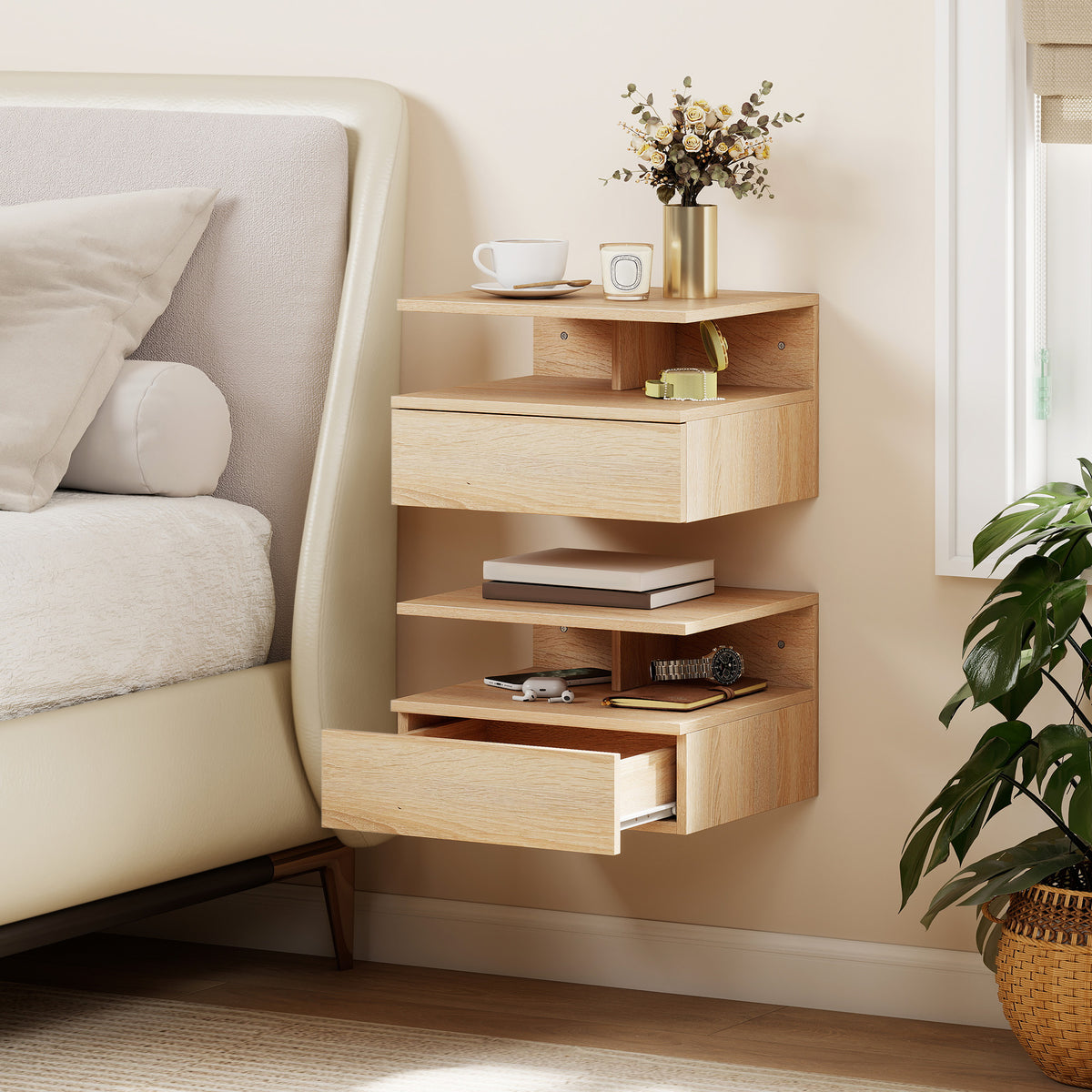 HOMCOM Set of Two Floating Bedside Tables - Oak Tone