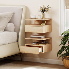 HOMCOM Set of Two Floating Bedside Tables - Oak Tone