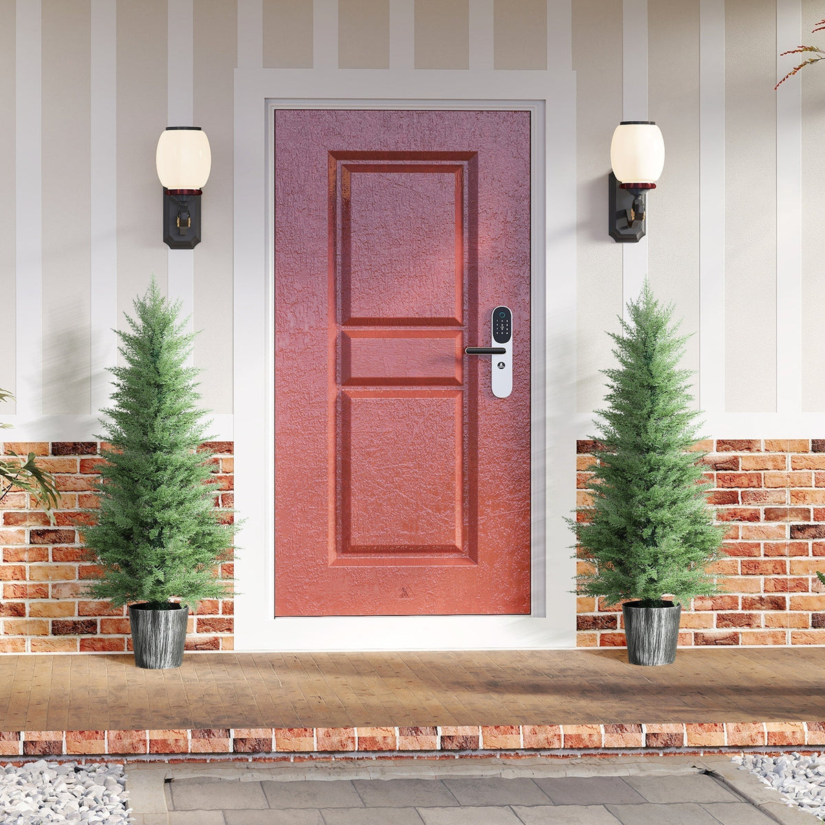 HOMCOM 135cm Artificial Cypress Trees Set of 2, UV Resistant Artificial Plants with Decorative Pot, Fake Plants for Indoor Outdoor Decor, Green