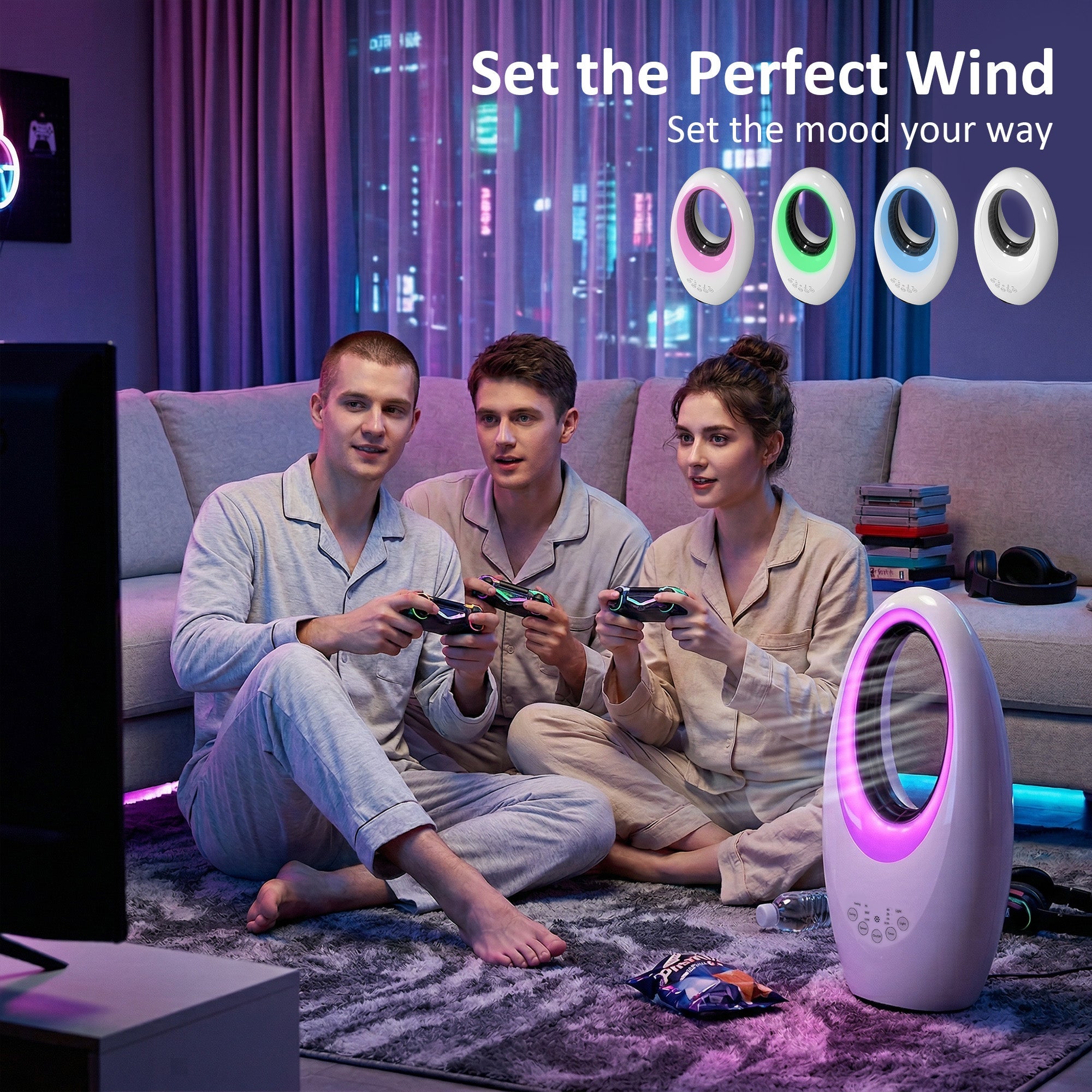 HOMCOM Bladeless Tower Fan, 36dB Standing Cooling Fan with 60Â° Oscillating, LED Lights, 3 Speeds, 7.5H Timer, Remote Control