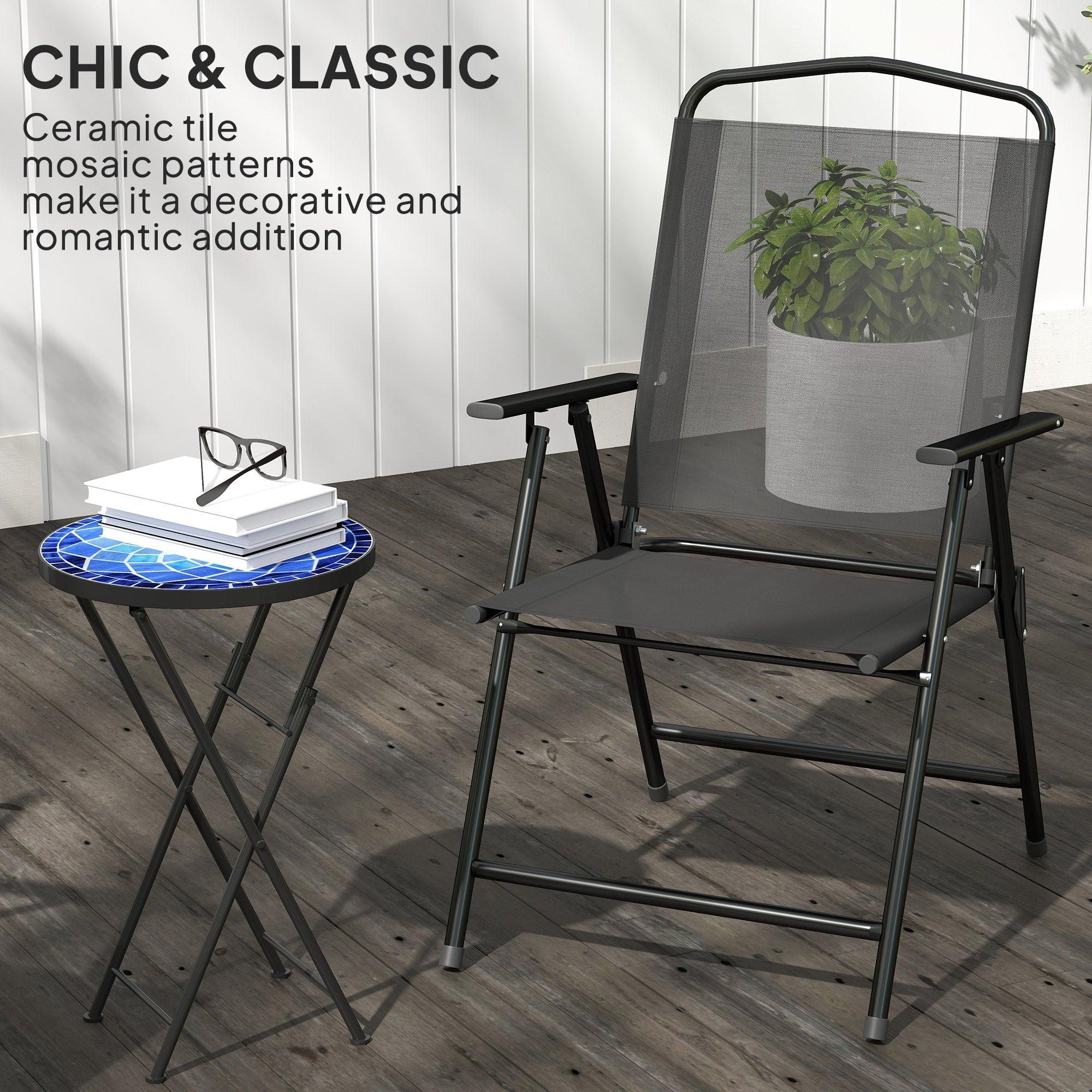 Outsunny Mosaic Outdoor Garden Table, 35.5cm Round Folding Coffee Table with Metal Frame for Balcony Terrace, Navy Blue