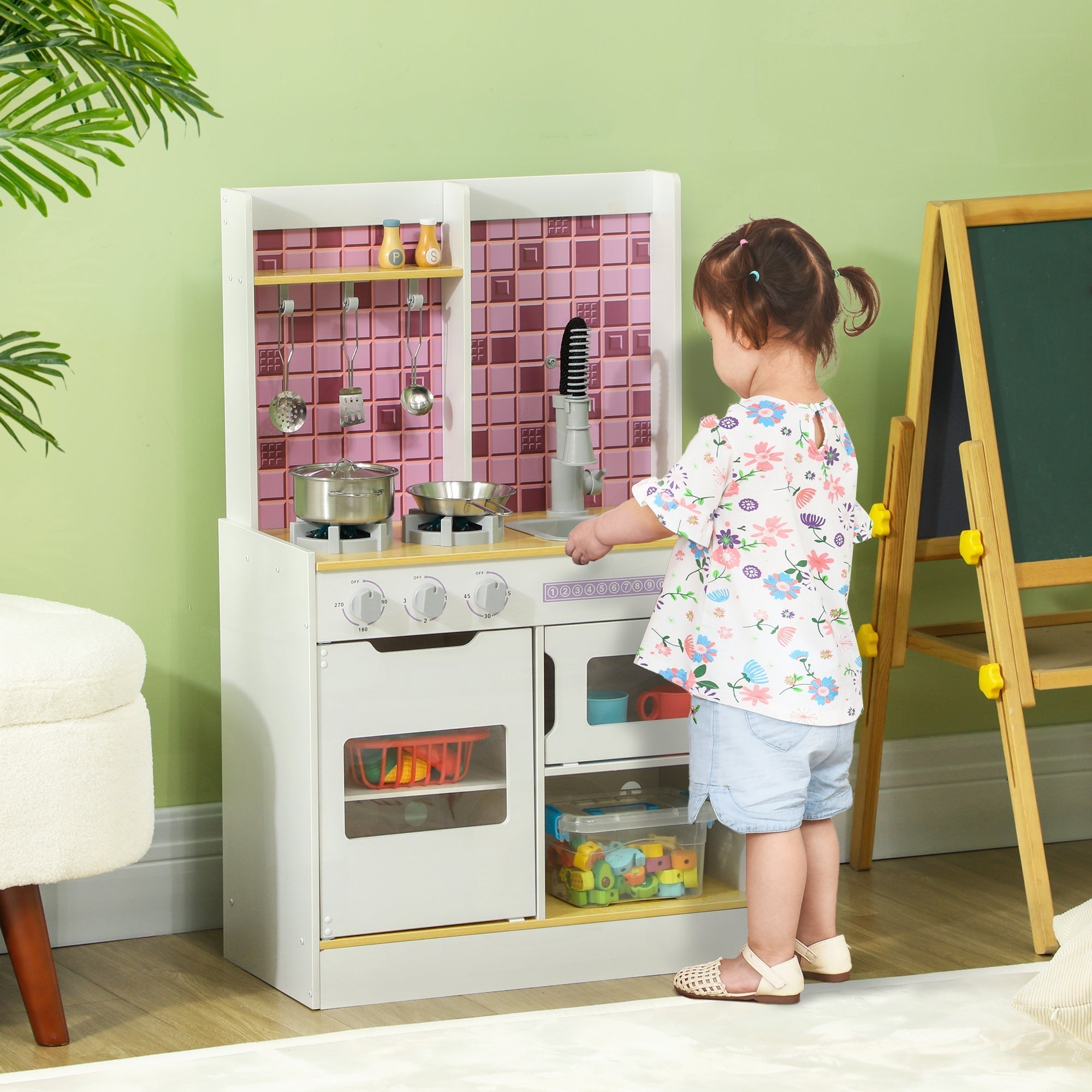 AIYAPLAY Kids Play Kitchen, Pretend Play Kitchen with Realistic Oven, Stove, Sink, Kitchen, Accessories, White