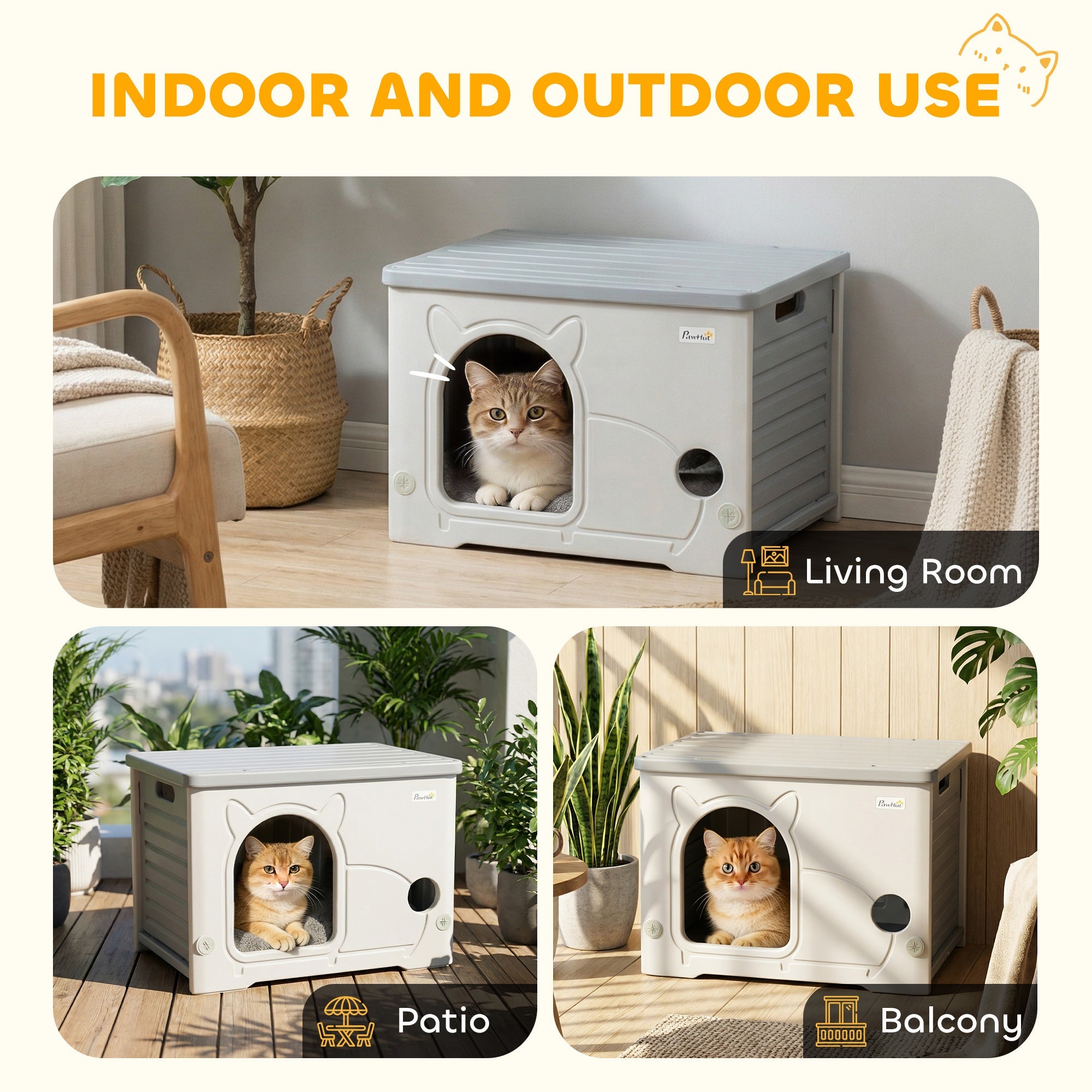 PawHut Cat House Stackable Pet Shelter with Removable Cushion for Indoor Outdoor Use Grey