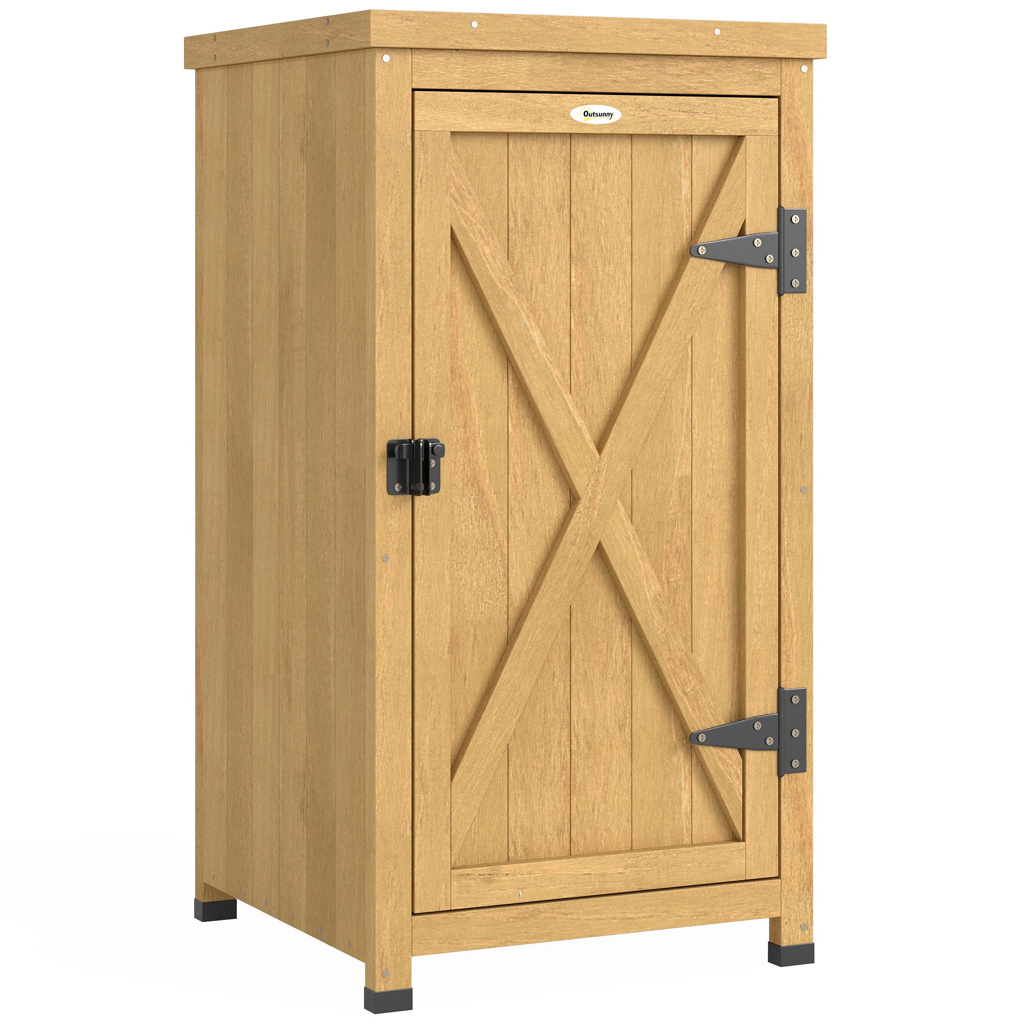 Outsunny Wooden Garden Shed, Garden Tool Storage Shed with Metal Top and Shelf, Light Brown