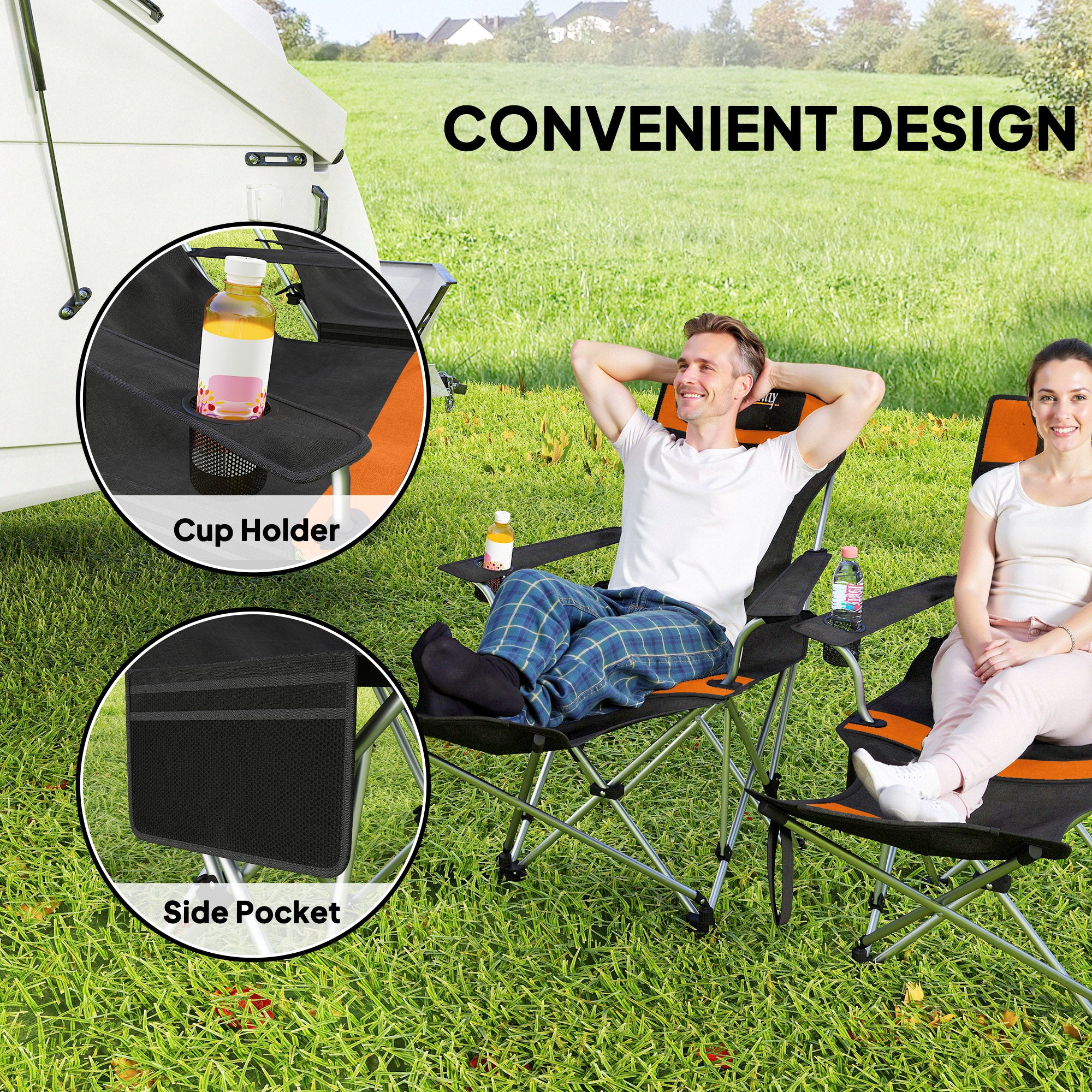 Outsunny Set of 2 Reclining Folding Camping Chair w/ Detachable Footrest, Storage Bag, Cup Holder & Headrest, Lightweight Portable Camp Chair for Beach, Picnic, Orange and Black