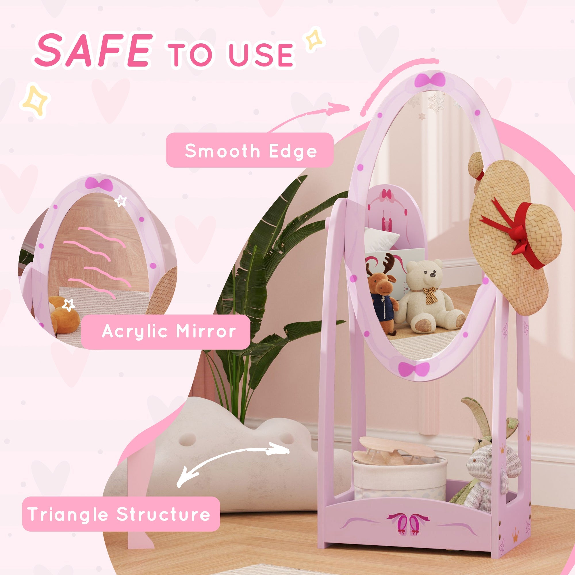 AIYAPLAY Kids Full Length Mirror, 360Â° Rotating Children Standing Mirror with Storage Shelf, Pink