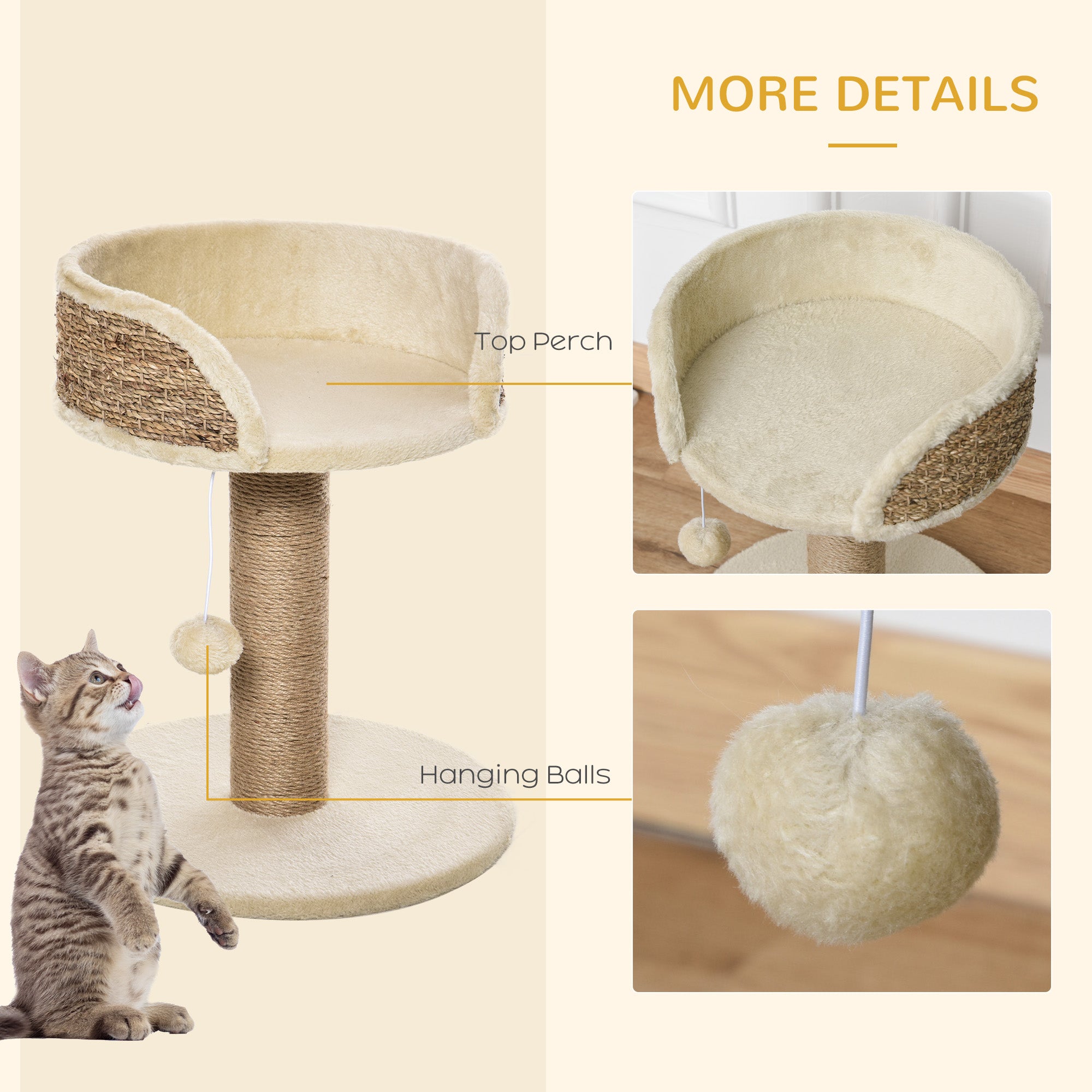 PawHut Cat Tree Cat Scratching Post for Indoor Cats Kitten Play Tower Activity Centre Climbing Stand with Dangling Ball Beige