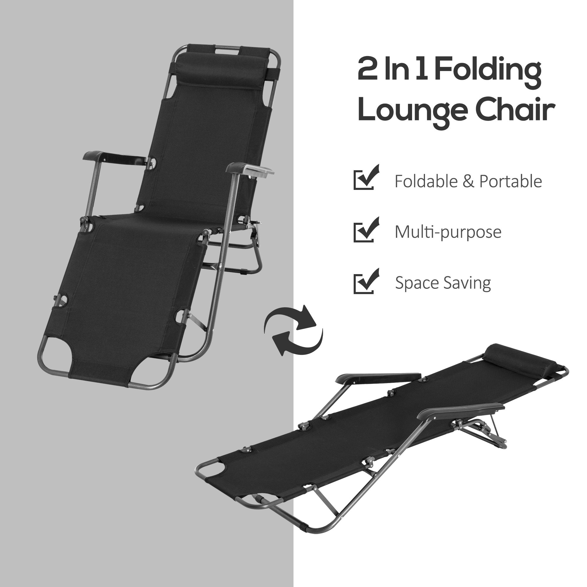 Outsunny 2 in 1 Folding Sun Lounger Reclining Garden Chair Set of 2 with 2-Level Adjustable Backrest, Outdoor Zero Gravity Recliner Garden Chairs with Head Pillow and Armrests, Black