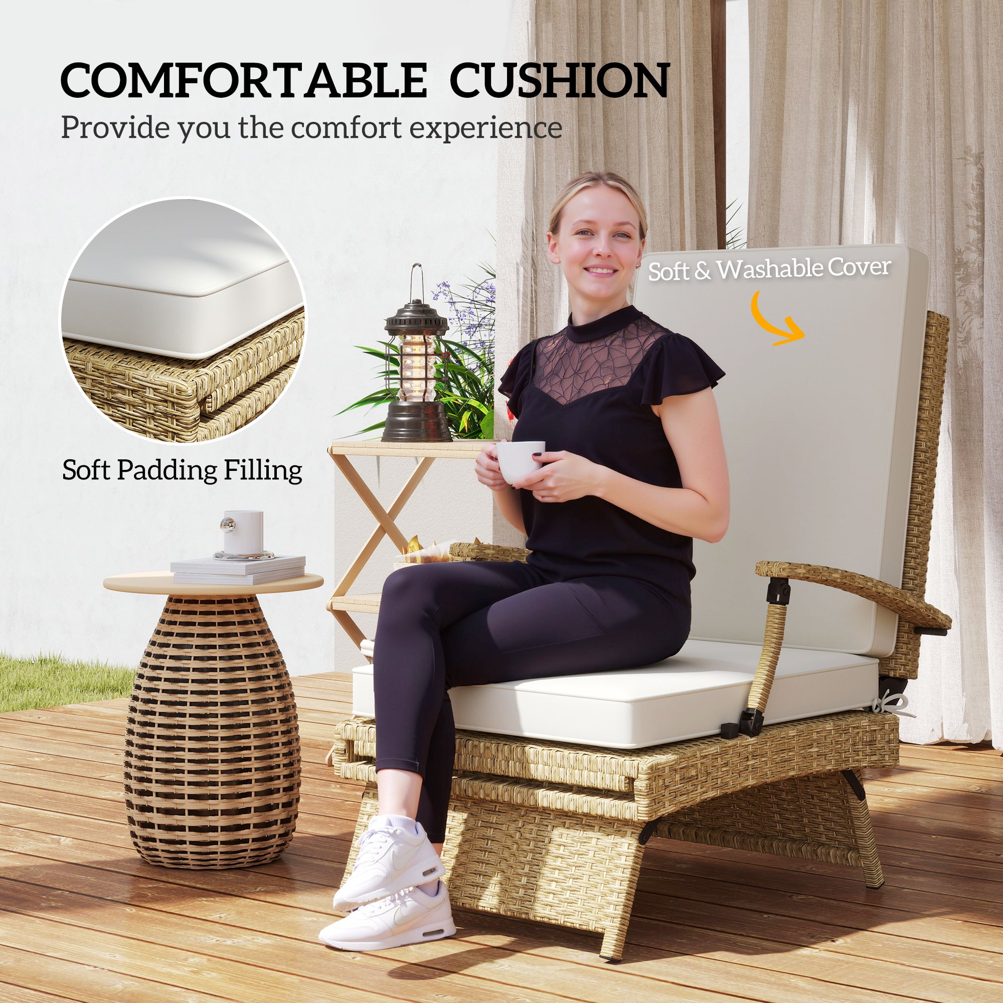 Outsunny 80√Ç¬∞ Reclining Rattan Lounger - White/Beige