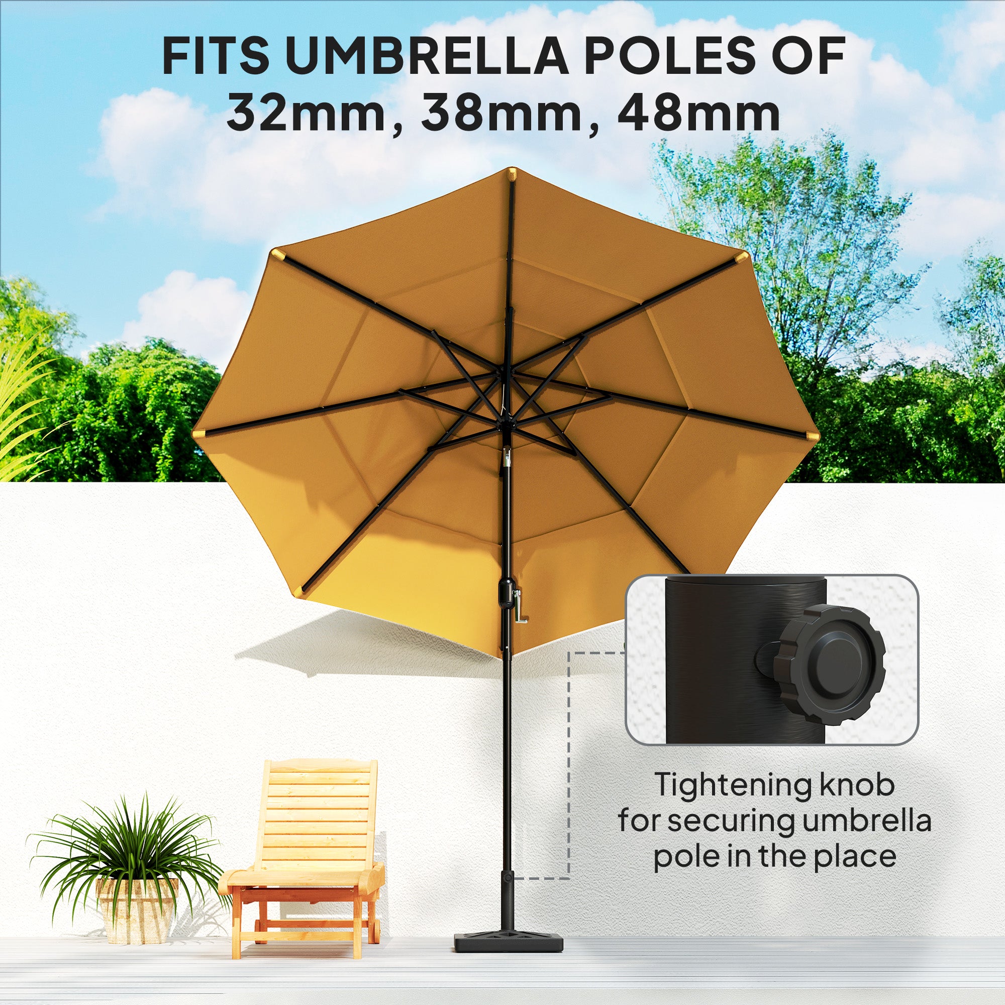 Outsunny Garden Parasol Base, 15kg HDPE Outdoor Umbrella Stand Parasol Stand with Cut-Out Design, Sun Umbrella Base for 32, 38, 48 mm Poles, Black