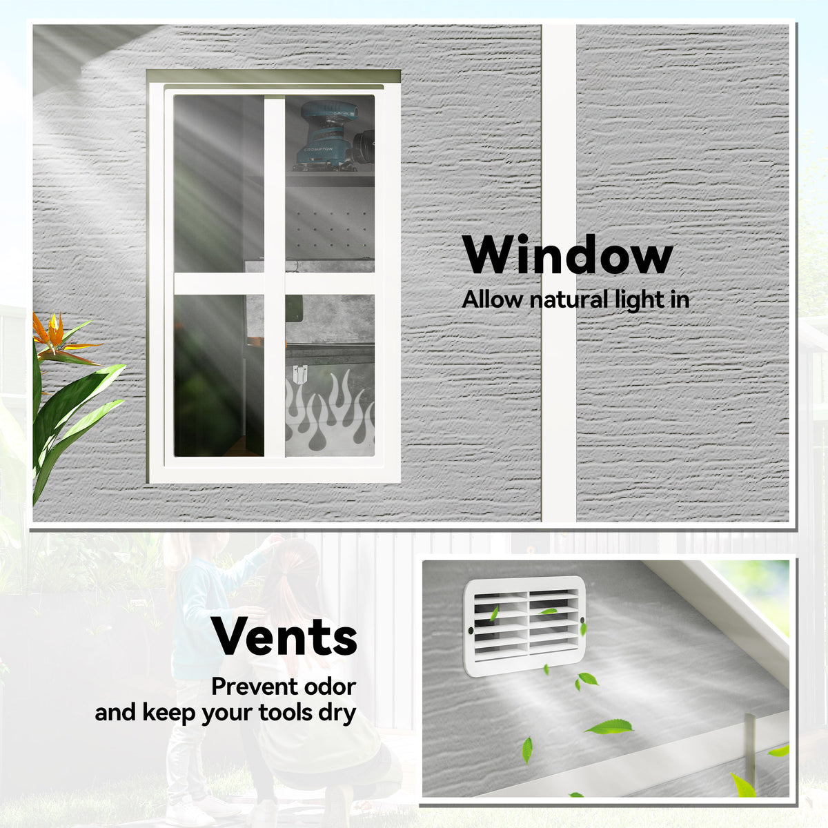 Outsunny 6 x 6ft Garden Shed with Floor, Window, Lockable Doors and Vents, Wood Effect Resin Tool Shed for Outdoor Patio, Grey